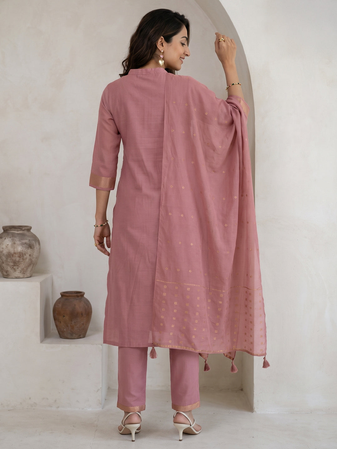  Libas Dusty Rose Pink Floral Printed Silk Blend Straight Suit Set 