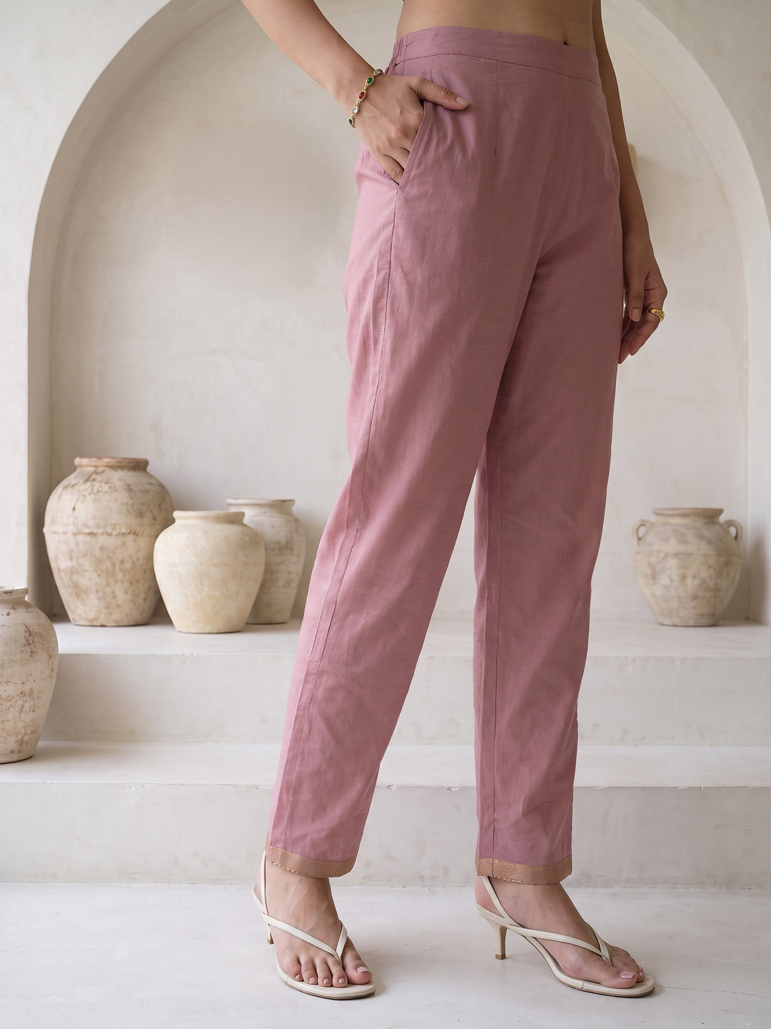  Libas Dusty Rose Pink Floral Printed Silk Blend Straight Suit Set 