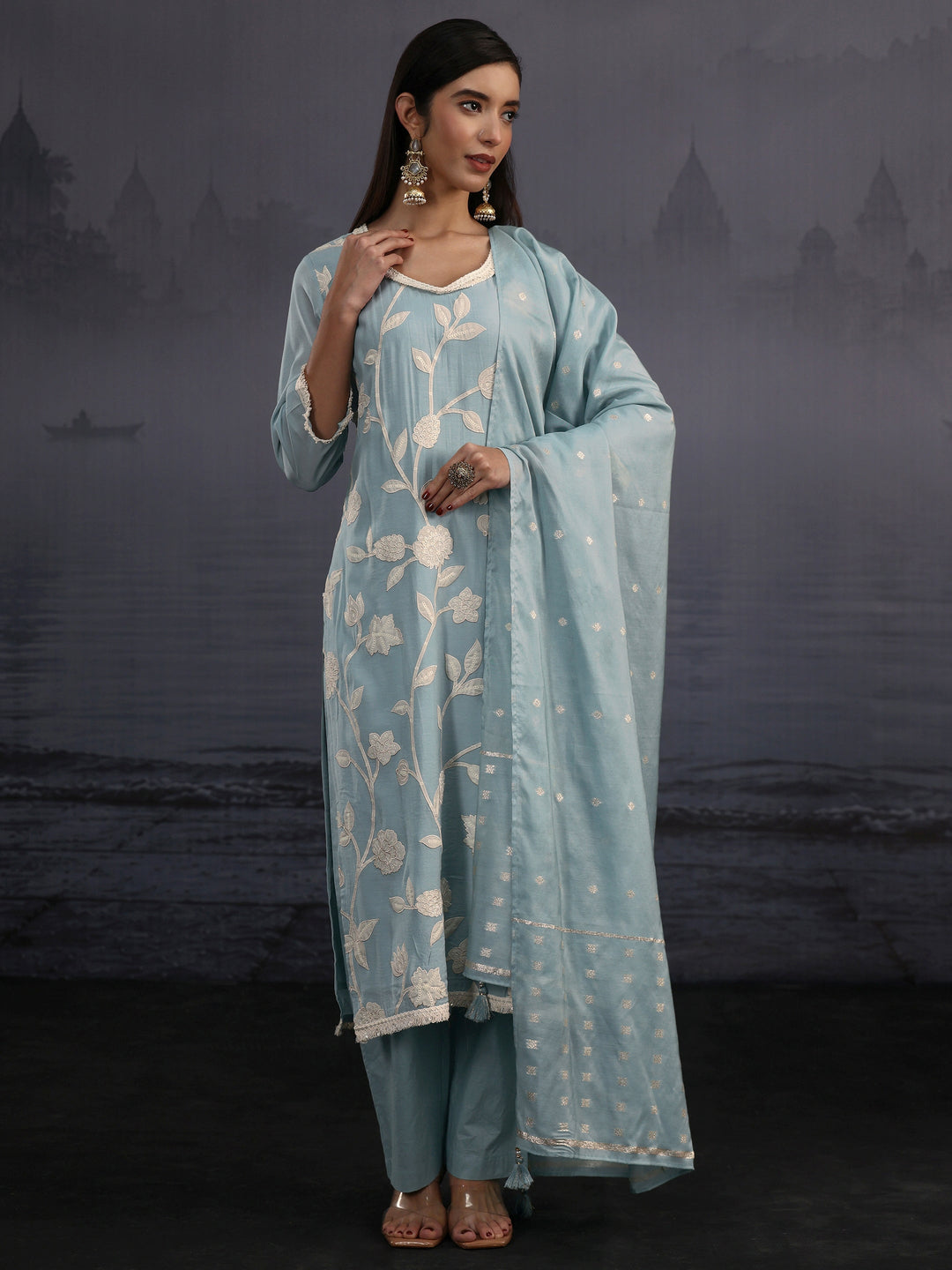  Libas Powder Blue Floral Embroidered Silk Blend Straight Suit Set 