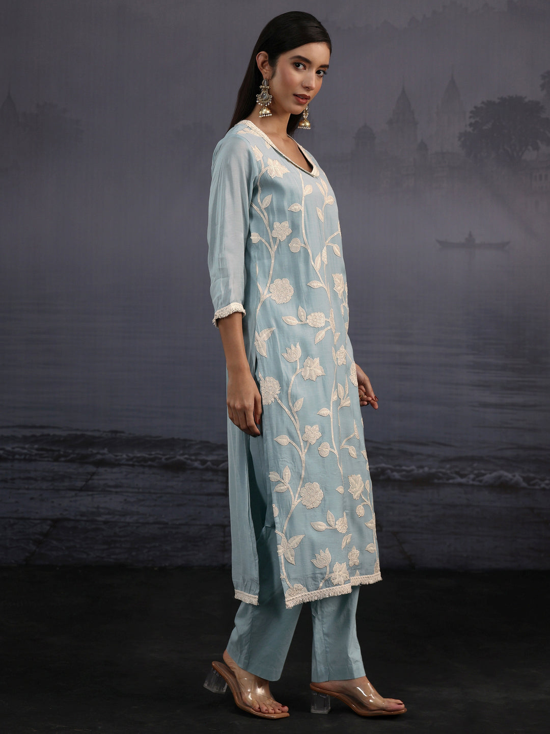  Libas Powder Blue Floral Embroidered Silk Blend Straight Suit Set 