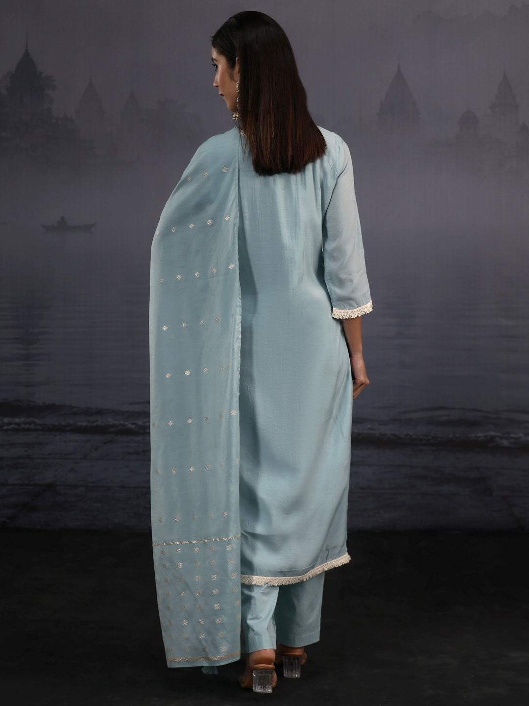  Libas Powder Blue Floral Embroidered Silk Blend Straight Suit Set 