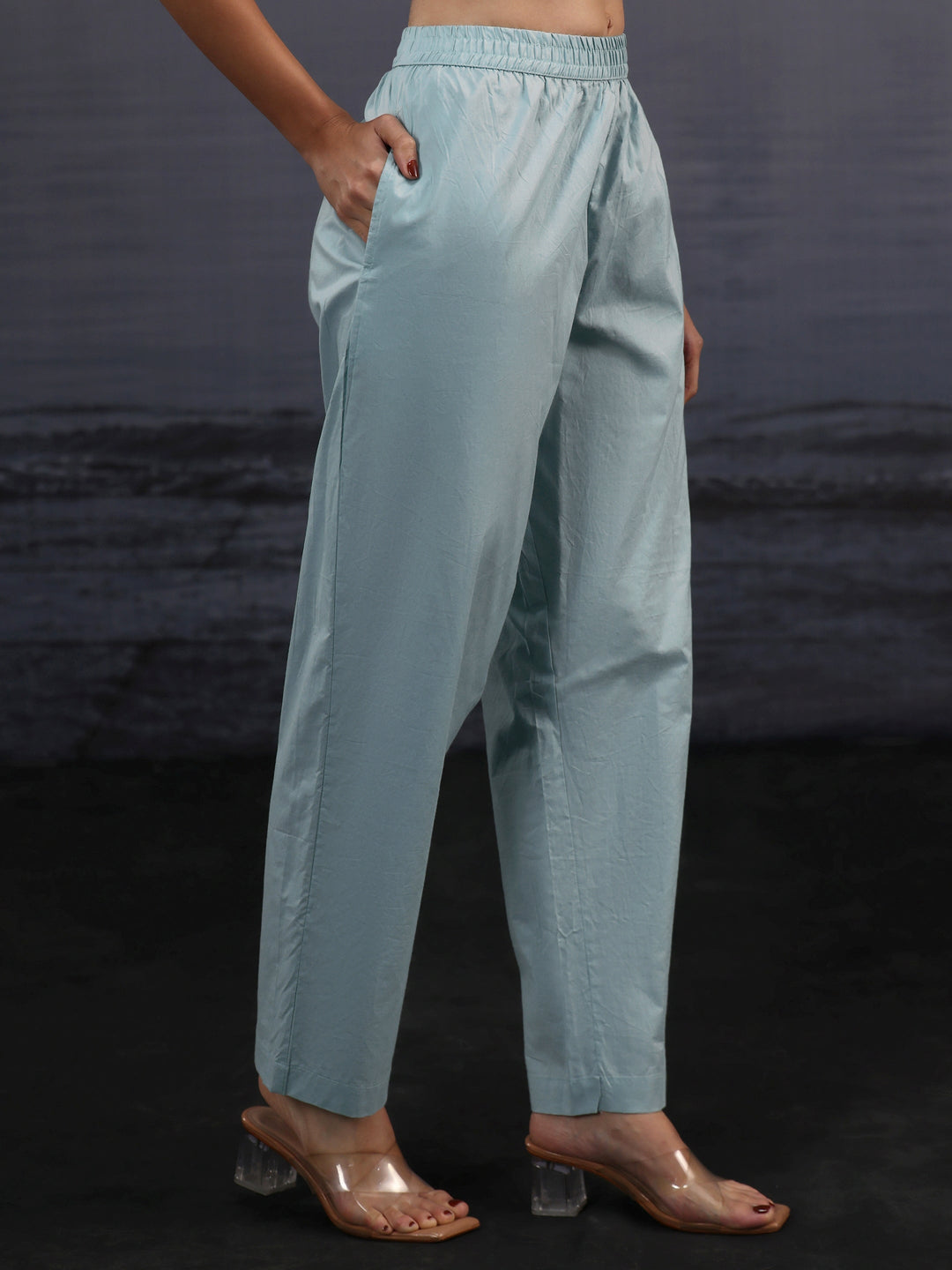  Libas Powder Blue Floral Embroidered Silk Blend Straight Suit Set 