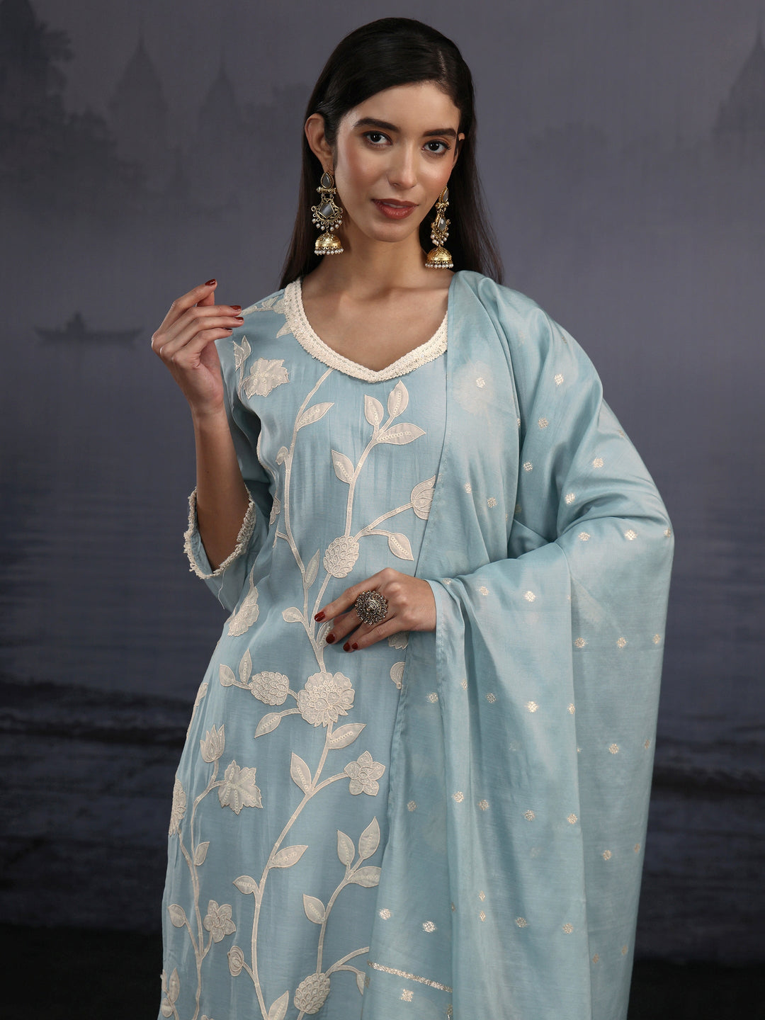  Libas Powder Blue Floral Embroidered Silk Blend Straight Suit Set 