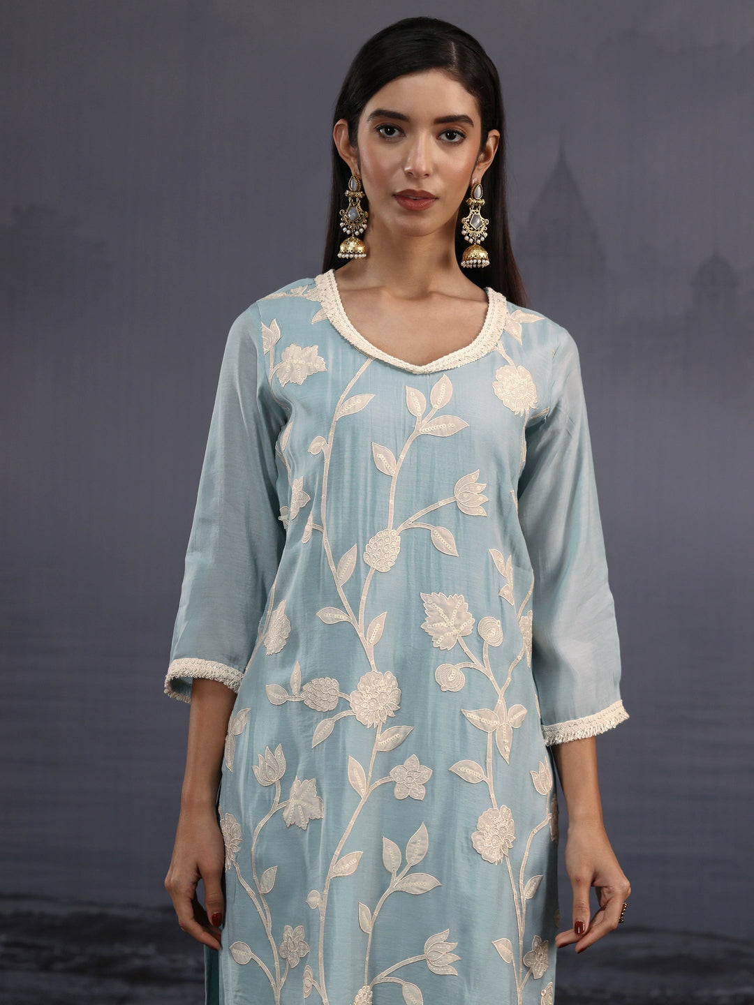  Libas Powder Blue Floral Embroidered Silk Blend Straight Suit Set 