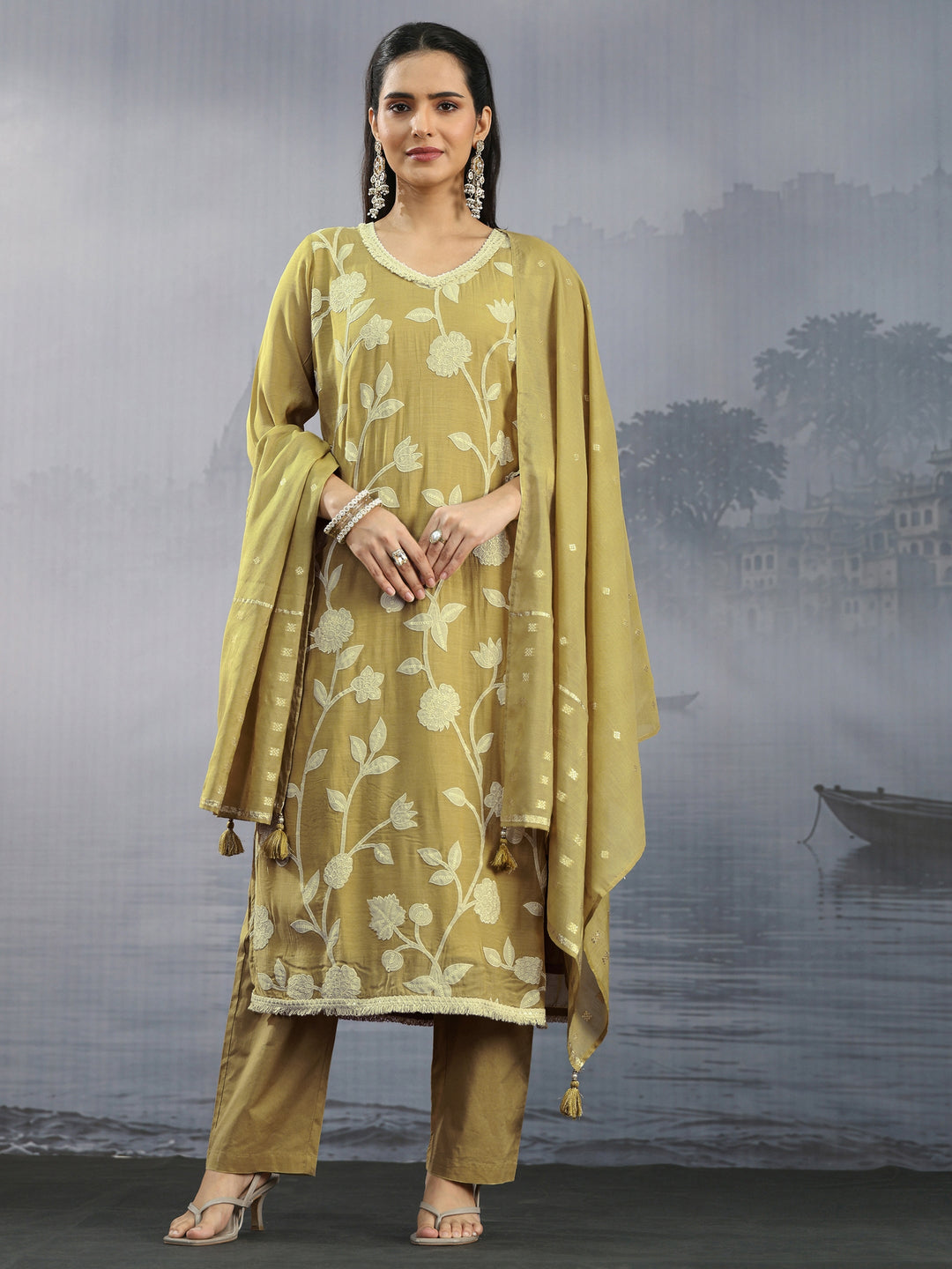  Libas Mustard Floral Embroidered Silk Blend Straight Suit Set 
