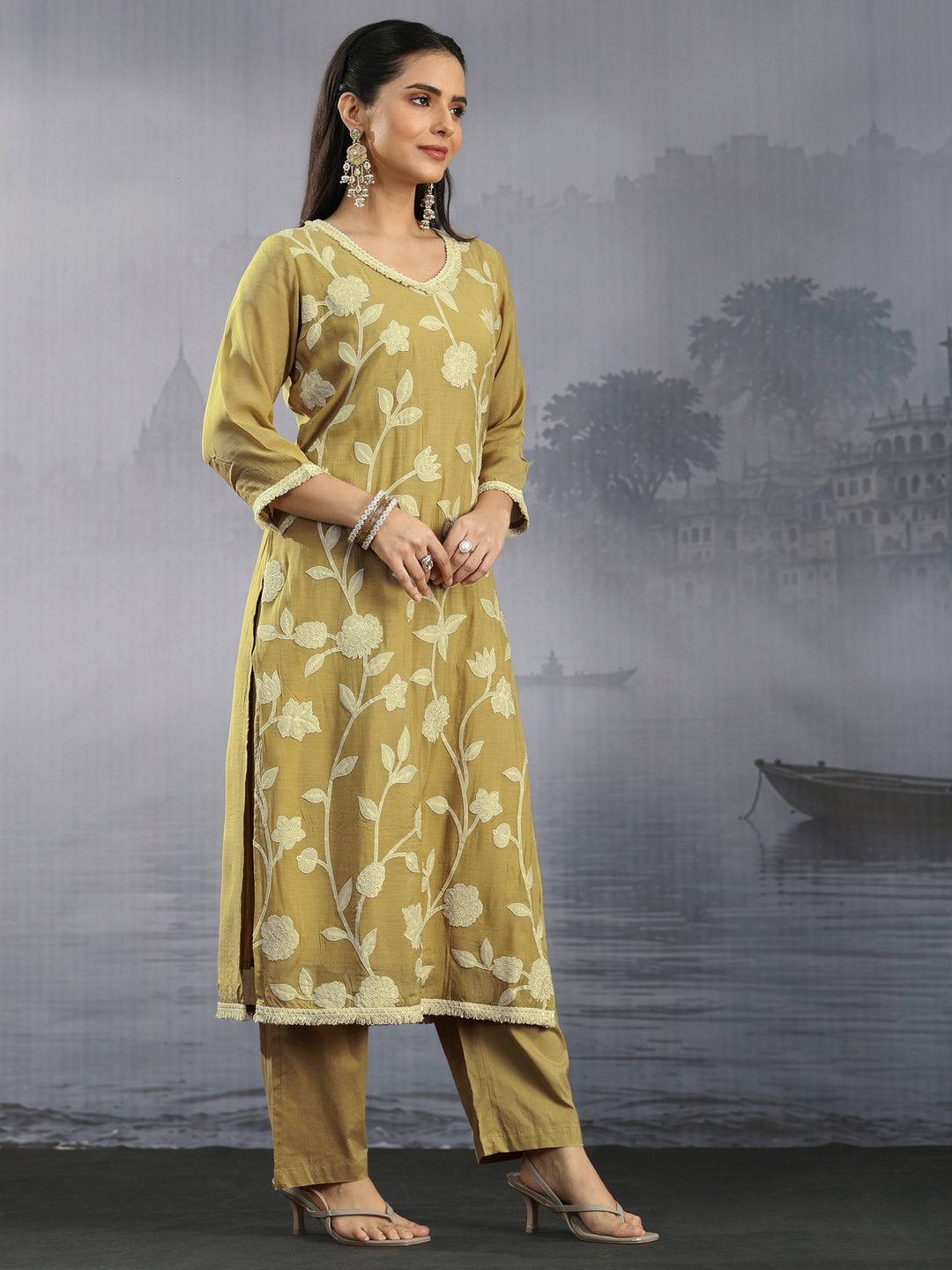  Libas Mustard Floral Embroidered Silk Blend Straight Suit Set 