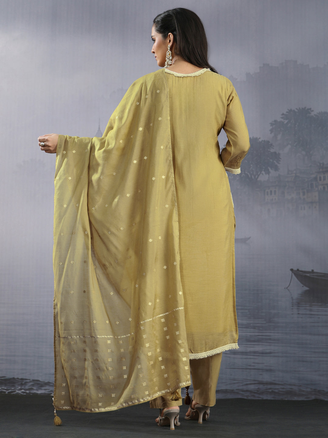  Libas Mustard Floral Embroidered Silk Blend Straight Suit Set 