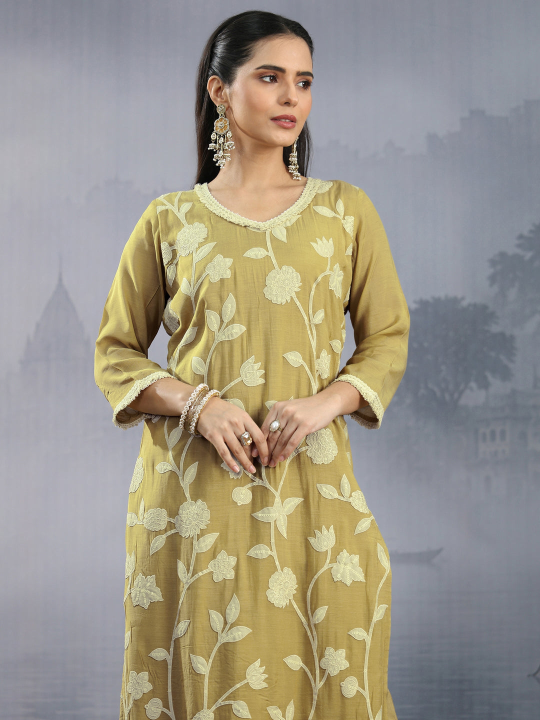  Libas Mustard Floral Embroidered Silk Blend Straight Suit Set 