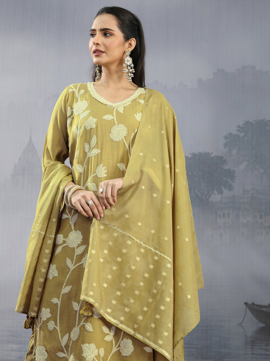  Libas Mustard Floral Embroidered Silk Blend Straight Suit Set 