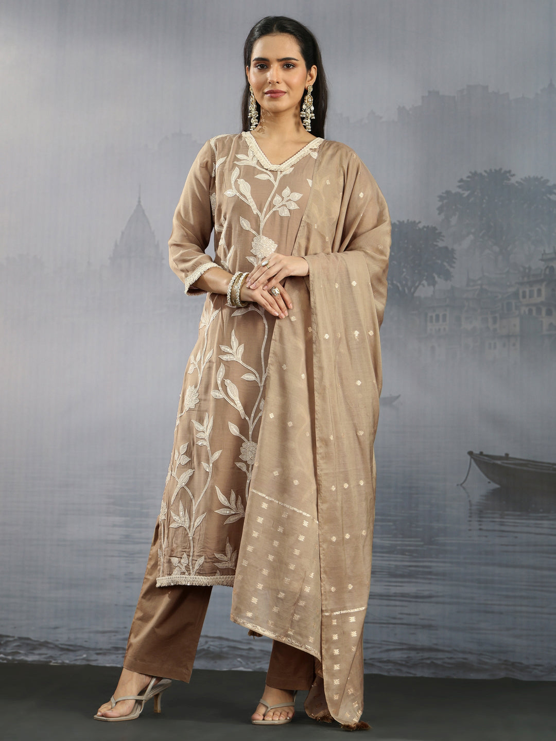 Libas Beige Floral Embroidered Chanderi Silk Straight Suit Set