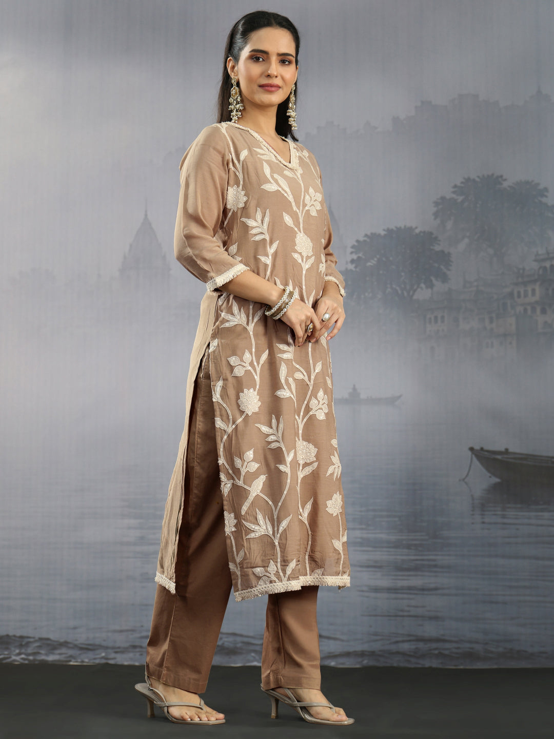  Libas Beige Floral Embroidered Chanderi Silk Straight Suit Set 