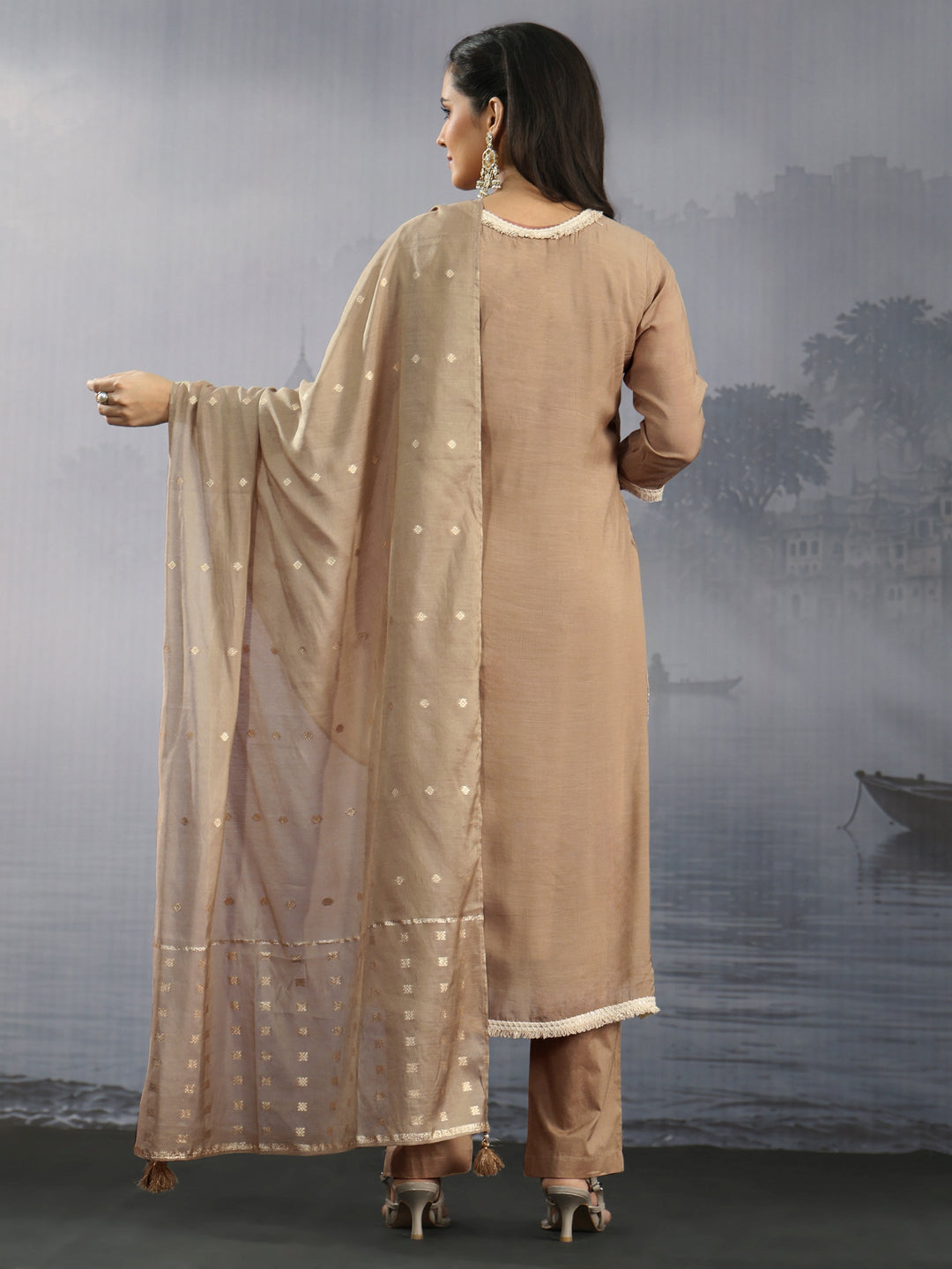 Libas Beige Floral Embroidered Chanderi Silk Straight Suit Set 