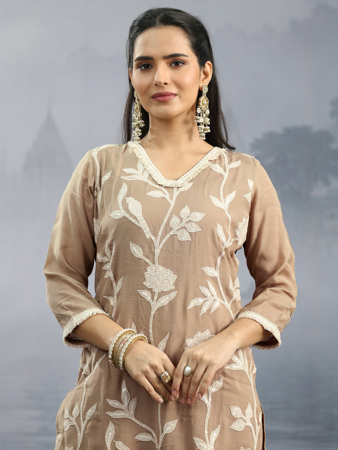  Libas Beige Floral Embroidered Chanderi Silk Straight Suit Set 