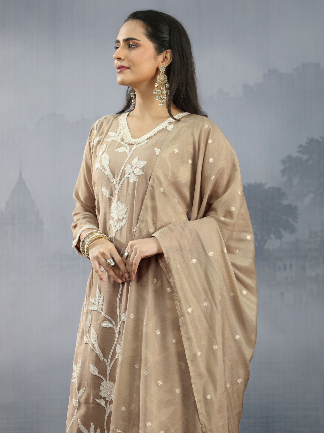 Libas Beige Floral Embroidered Chanderi Silk Straight Suit Set 