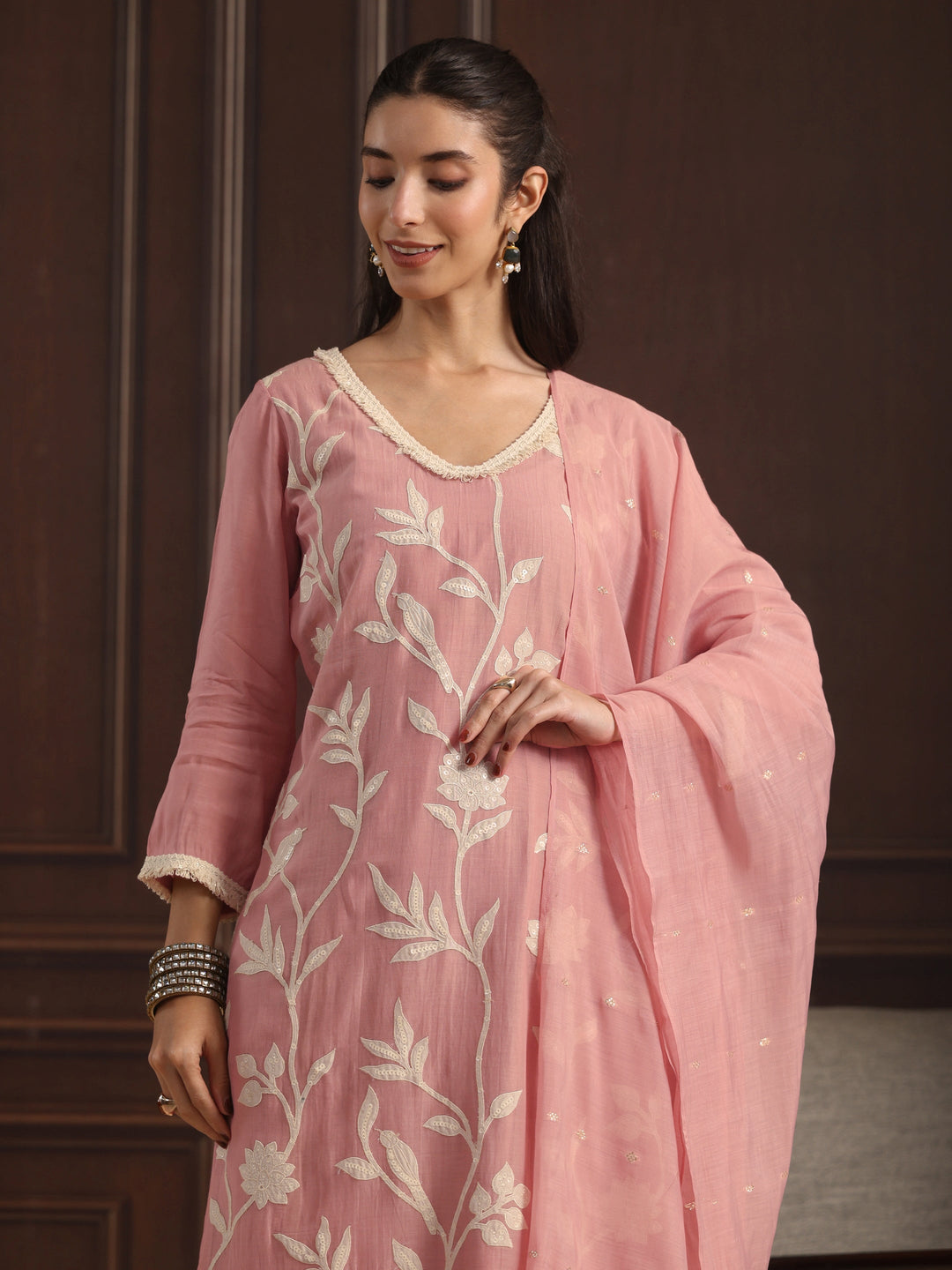  Libas Dusty Pink Floral Embroidered Chanderi Silk Straight Suit Set 