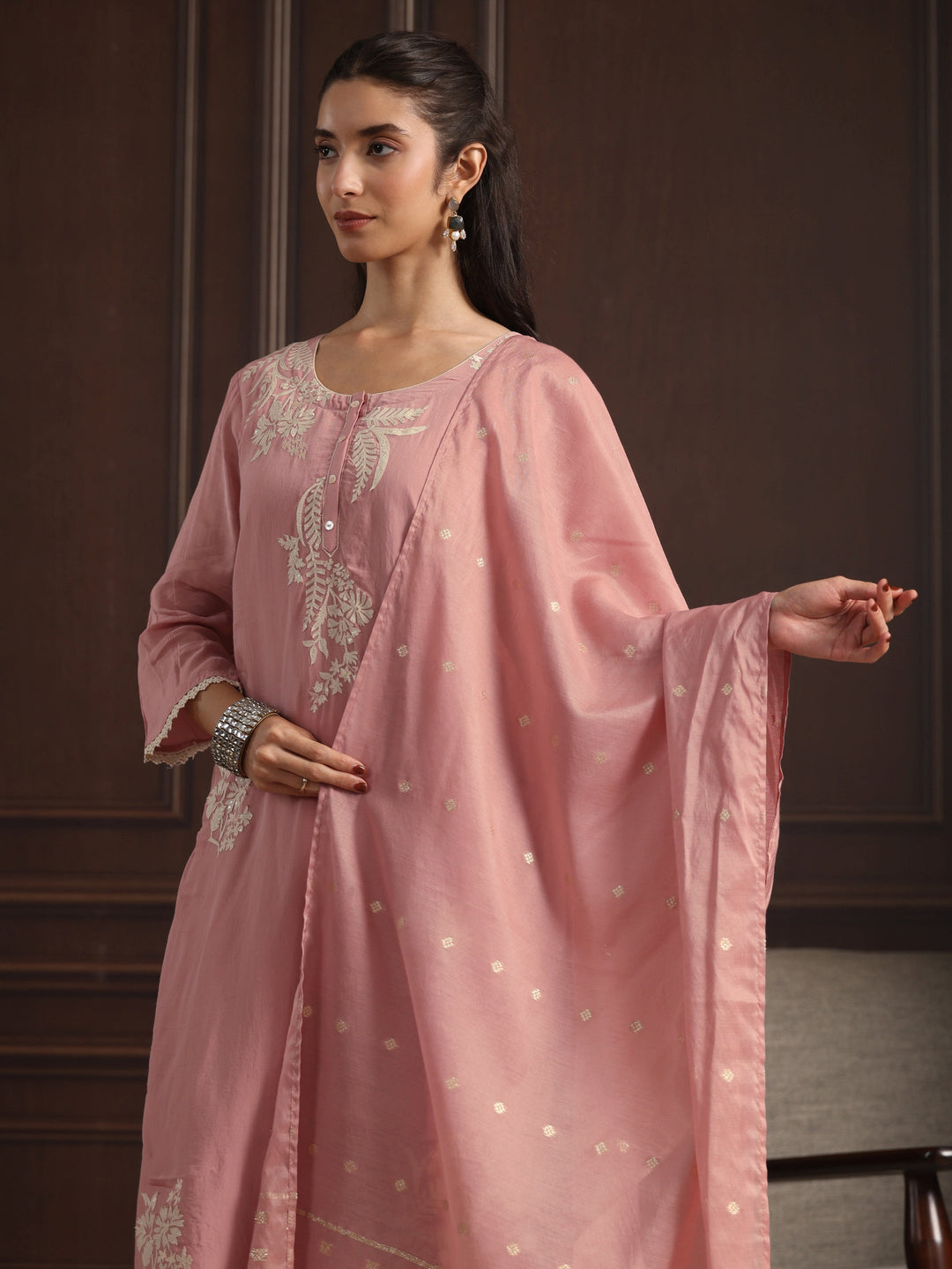  Libas Pink Floral Embroidered Chanderi Silk Straight Suit Set 
