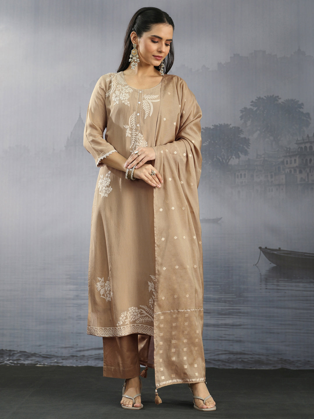  Libas Beige Floral Embroidered Chanderi Silk Straight Suit Set 