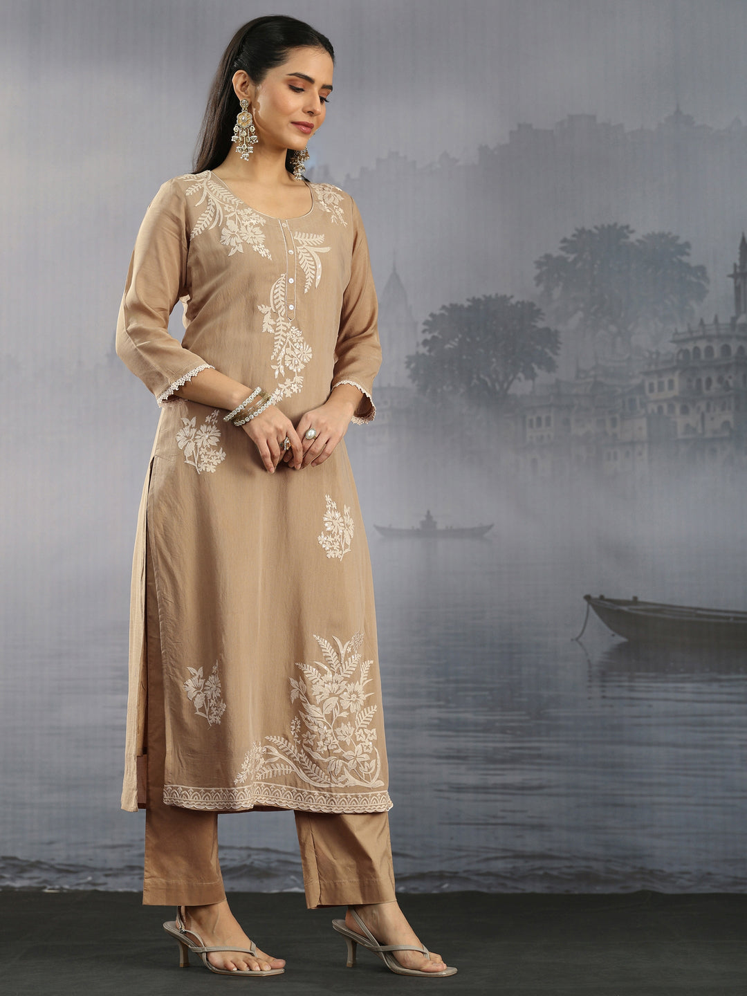  Libas Beige Floral Embroidered Chanderi Silk Straight Suit Set 