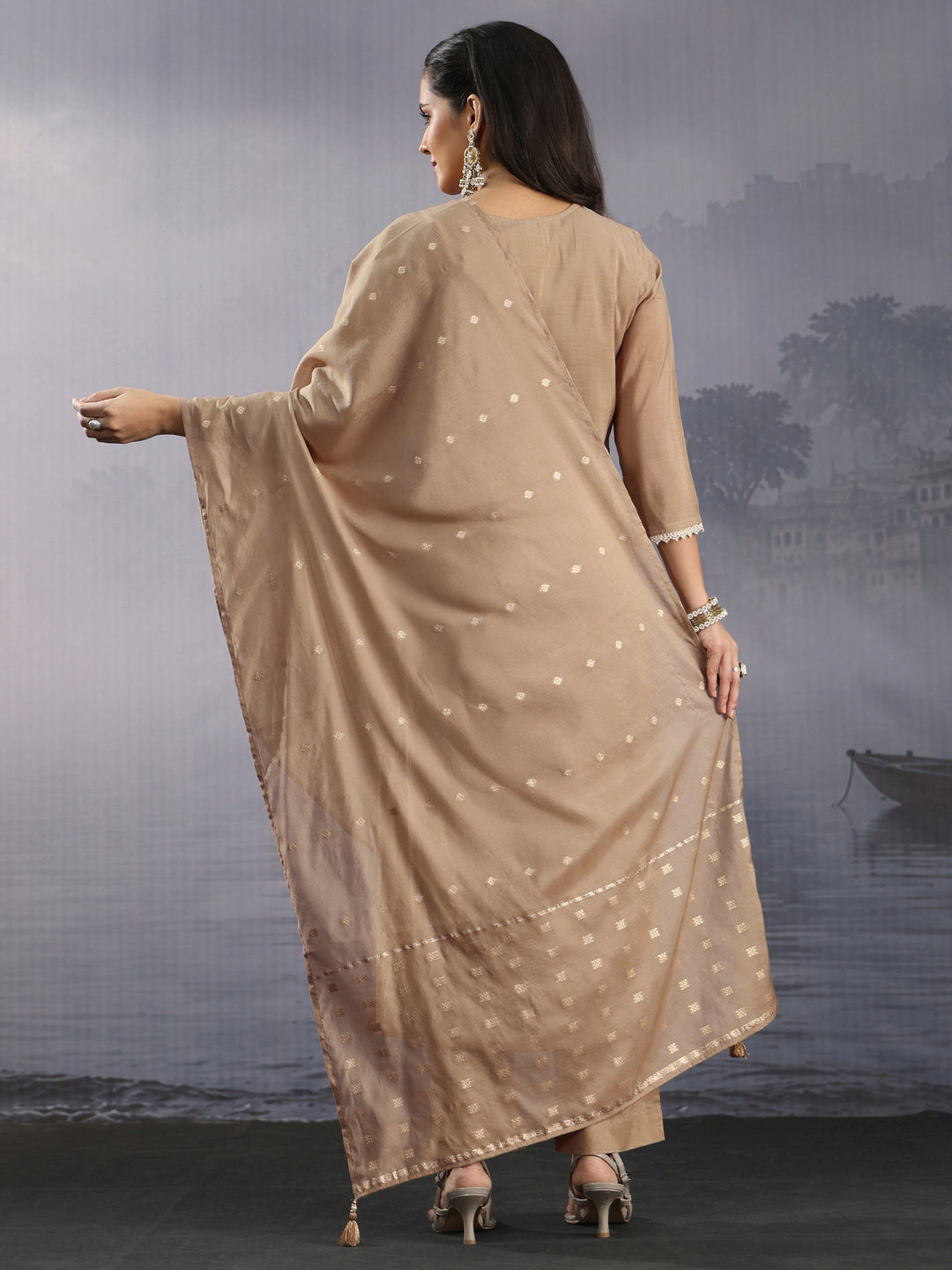  Libas Beige Floral Embroidered Chanderi Silk Straight Suit Set 