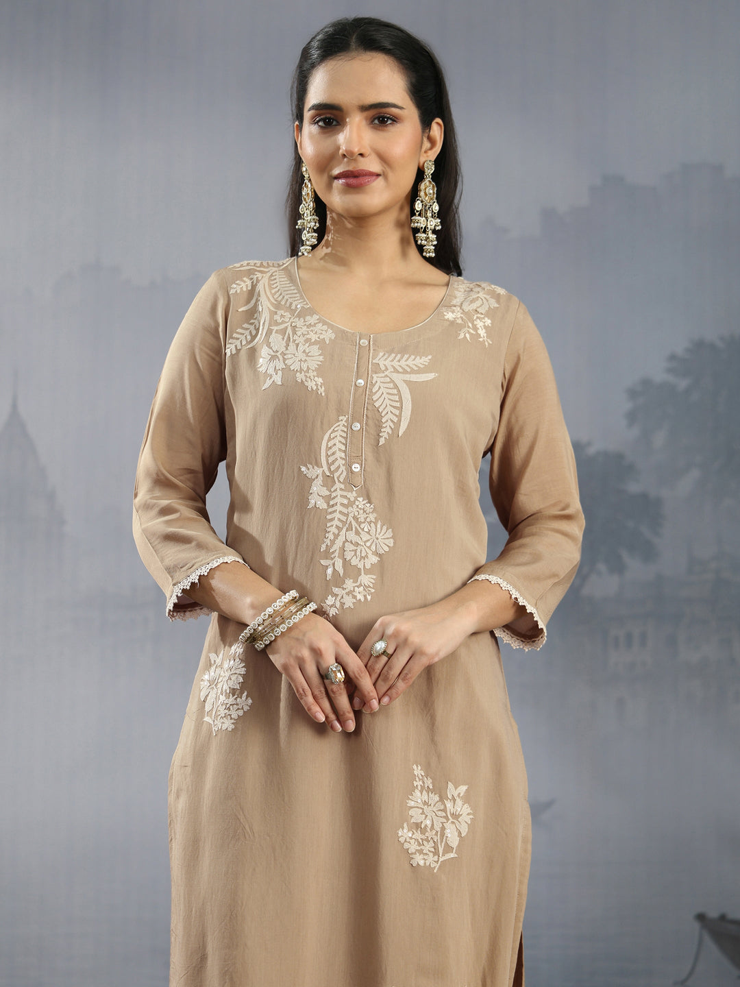  Libas Beige Floral Embroidered Chanderi Silk Straight Suit Set 