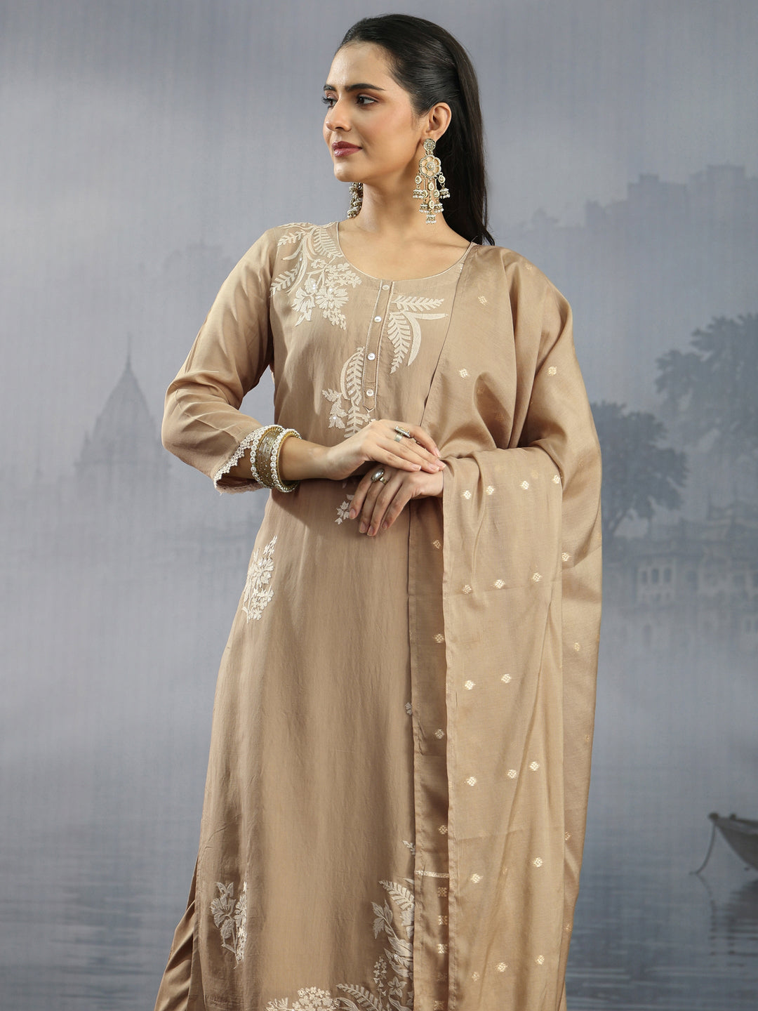  Libas Beige Floral Embroidered Chanderi Silk Straight Suit Set 