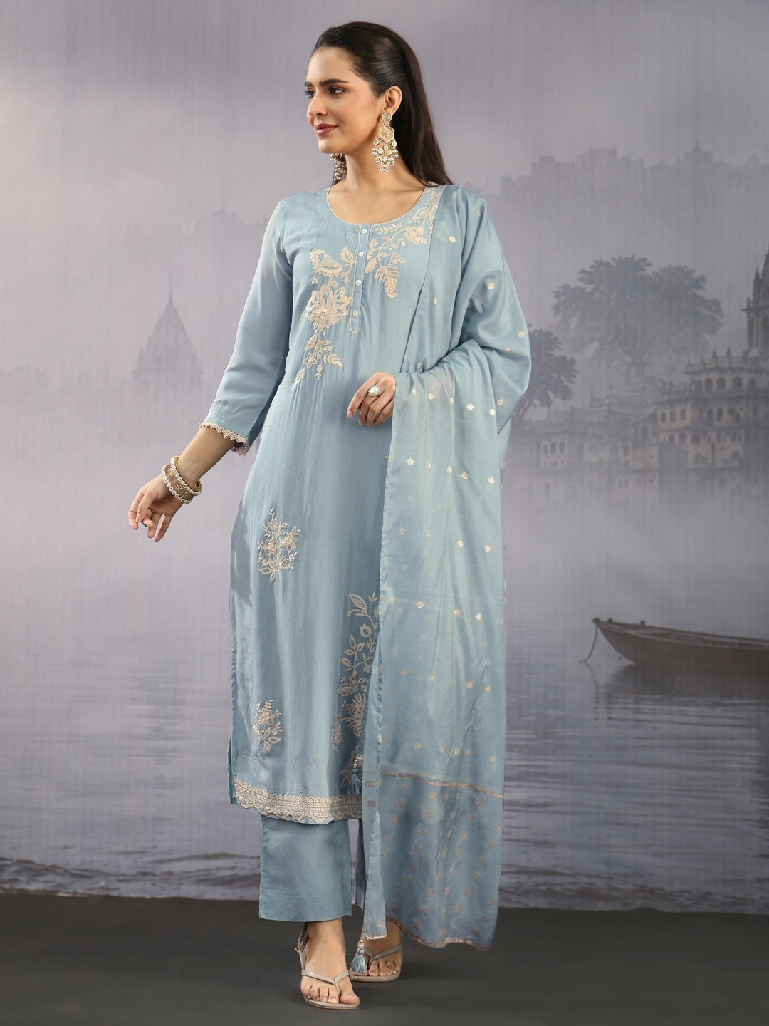  Libas Blue Floral Embroidered Chanderi Silk Straight Suit Set 