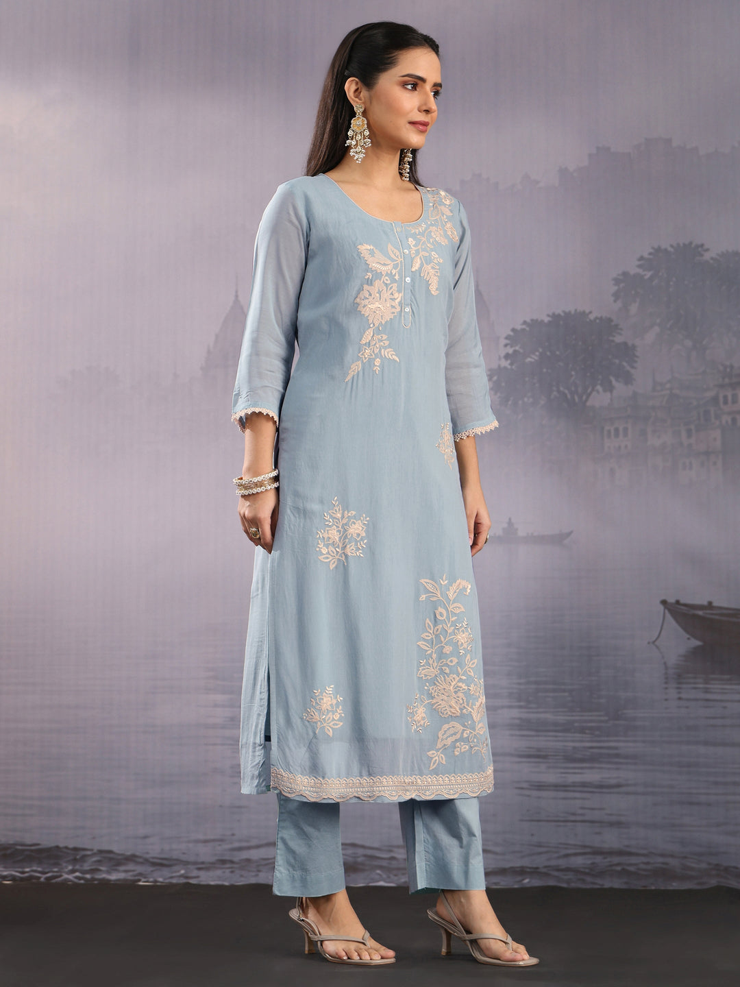  Libas Blue Floral Embroidered Chanderi Silk Straight Suit Set 