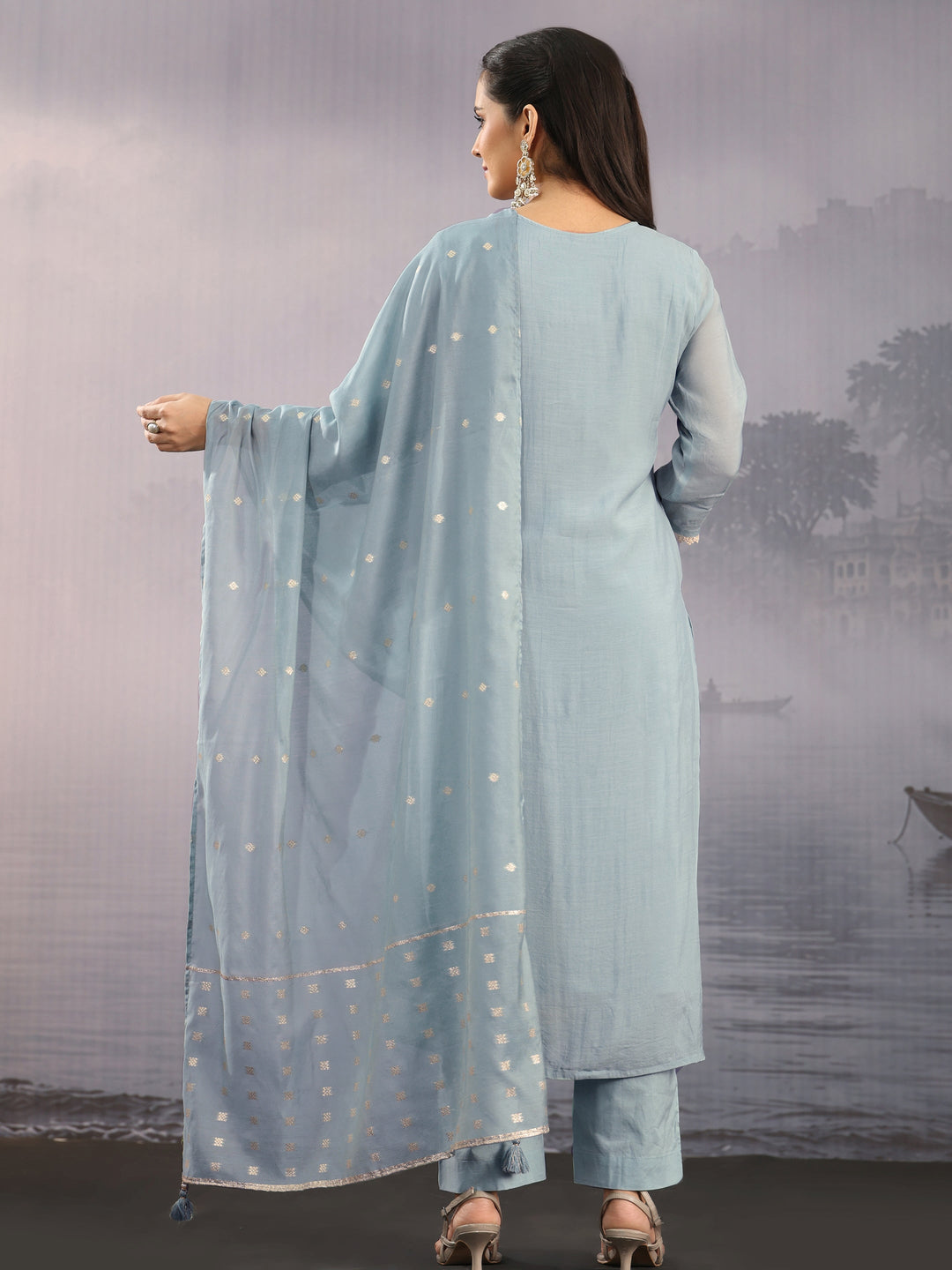  Libas Blue Floral Embroidered Chanderi Silk Straight Suit Set 