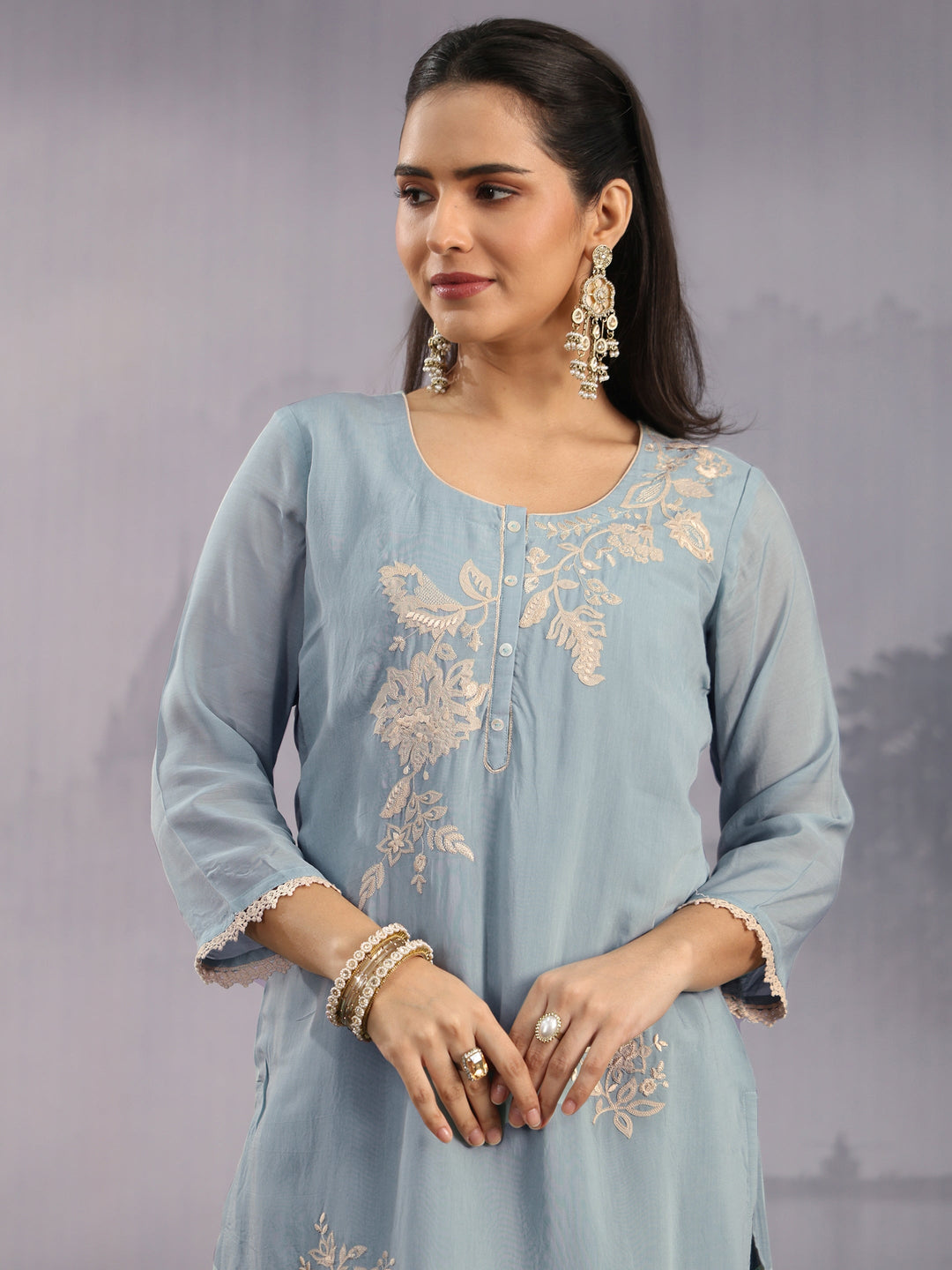  Libas Blue Floral Embroidered Chanderi Silk Straight Suit Set 