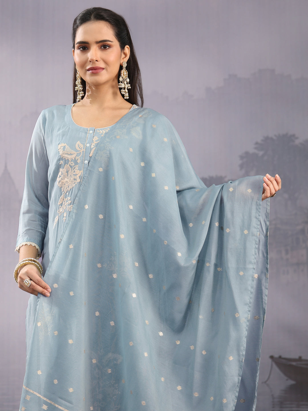  Libas Blue Floral Embroidered Chanderi Silk Straight Suit Set 