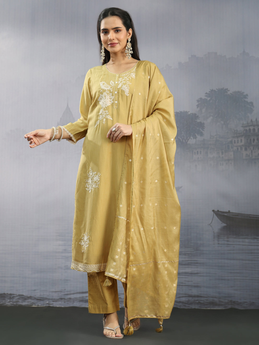 Libas Yellow Floral Embroidered Chanderi Silk Straight Suit Set 