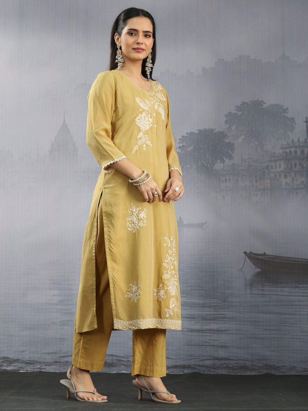  Libas Yellow Floral Embroidered Chanderi Silk Straight Suit Set 