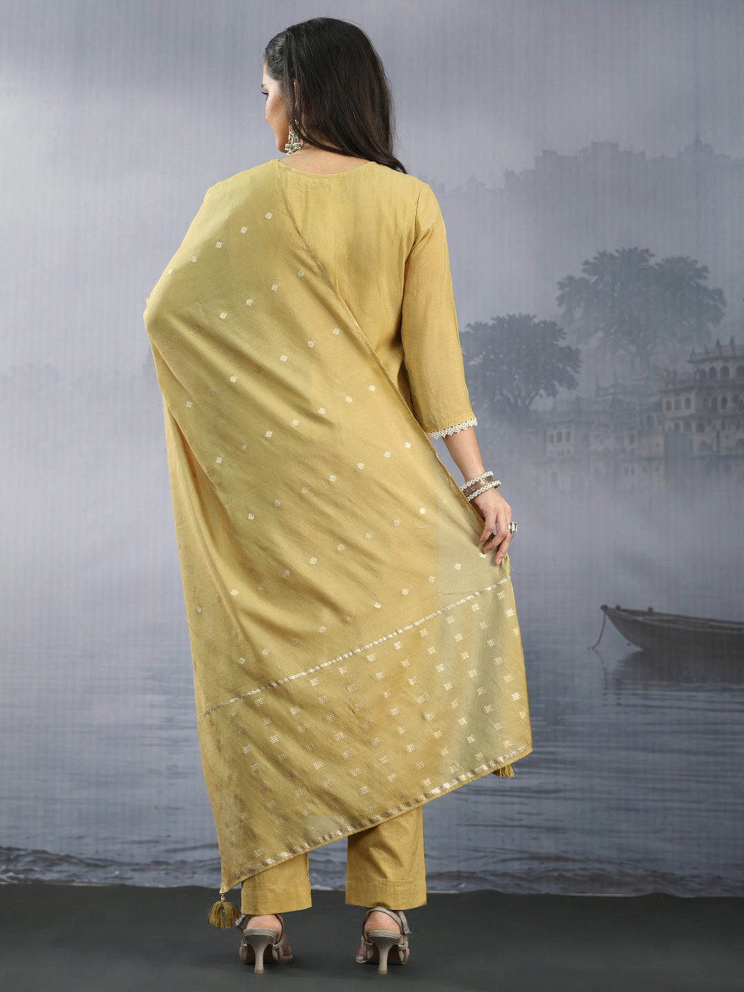  Libas Yellow Floral Embroidered Chanderi Silk Straight Suit Set 