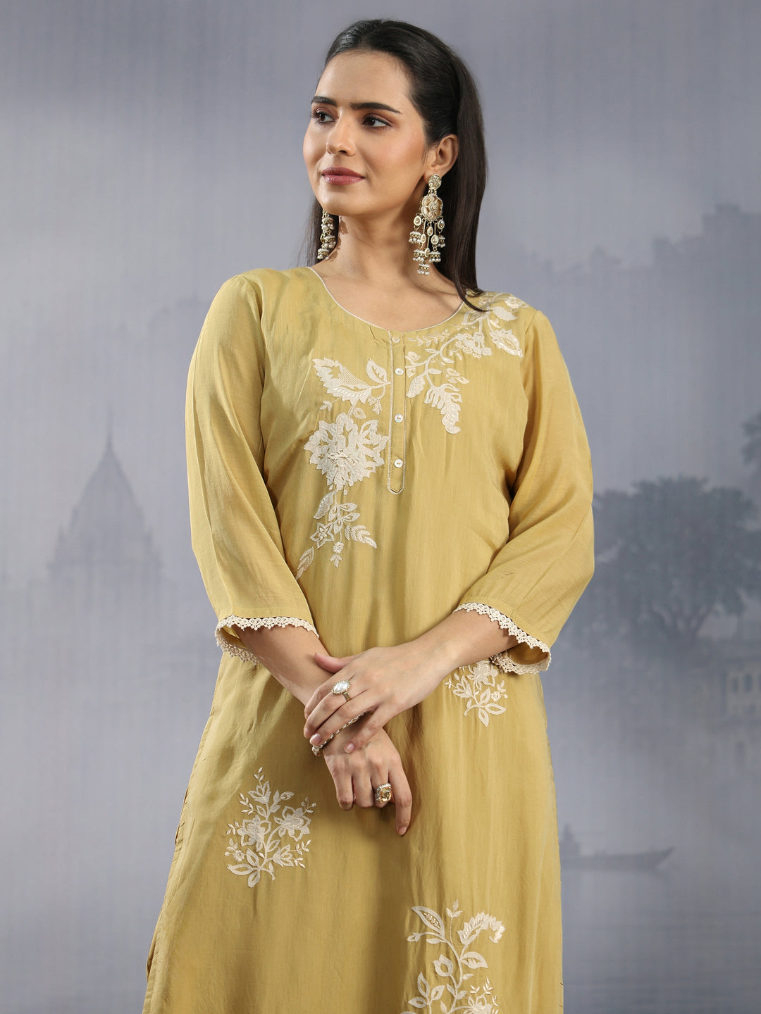  Libas Yellow Floral Embroidered Chanderi Silk Straight Suit Set 