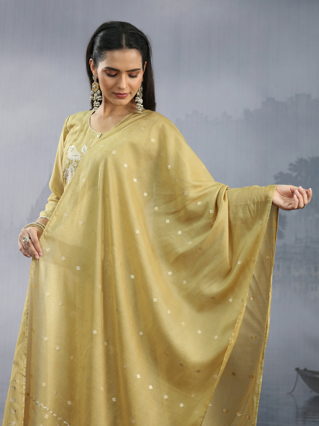  Libas Yellow Floral Embroidered Chanderi Silk Straight Suit Set 