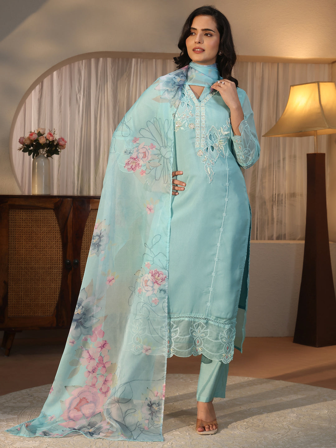  Libas Blue Floral Embroidered Organza Straight Suit Set 