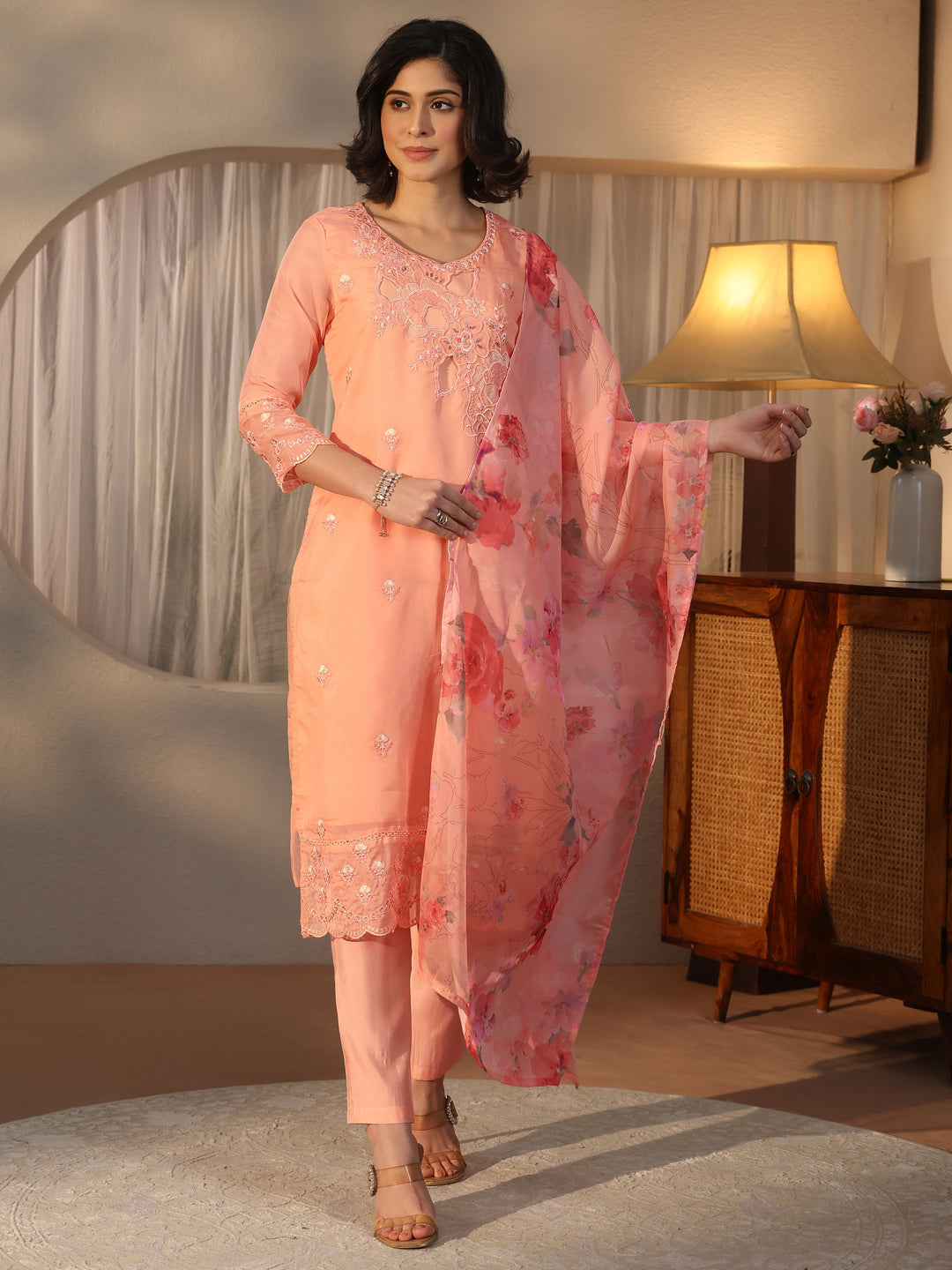  Libas Peach Floral Embroidered Organza Straight Suit Set 