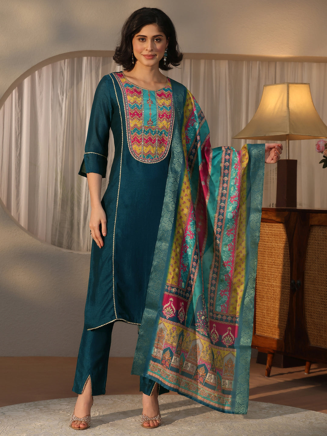  Libas Teal Blue Yoke Design Silk Blend Straight Suit Set 