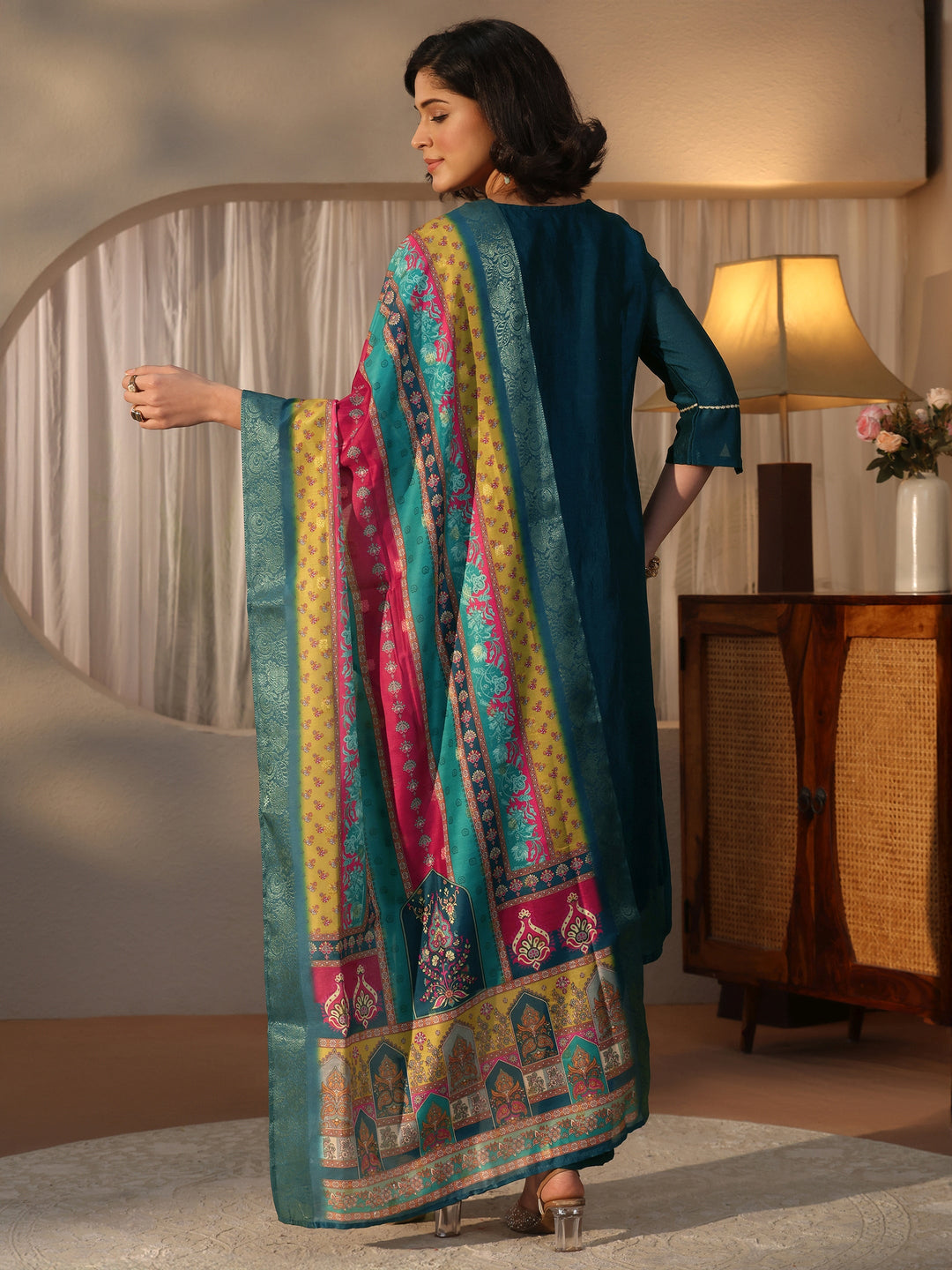  Libas Teal Blue Yoke Design Silk Blend Straight Suit Set 