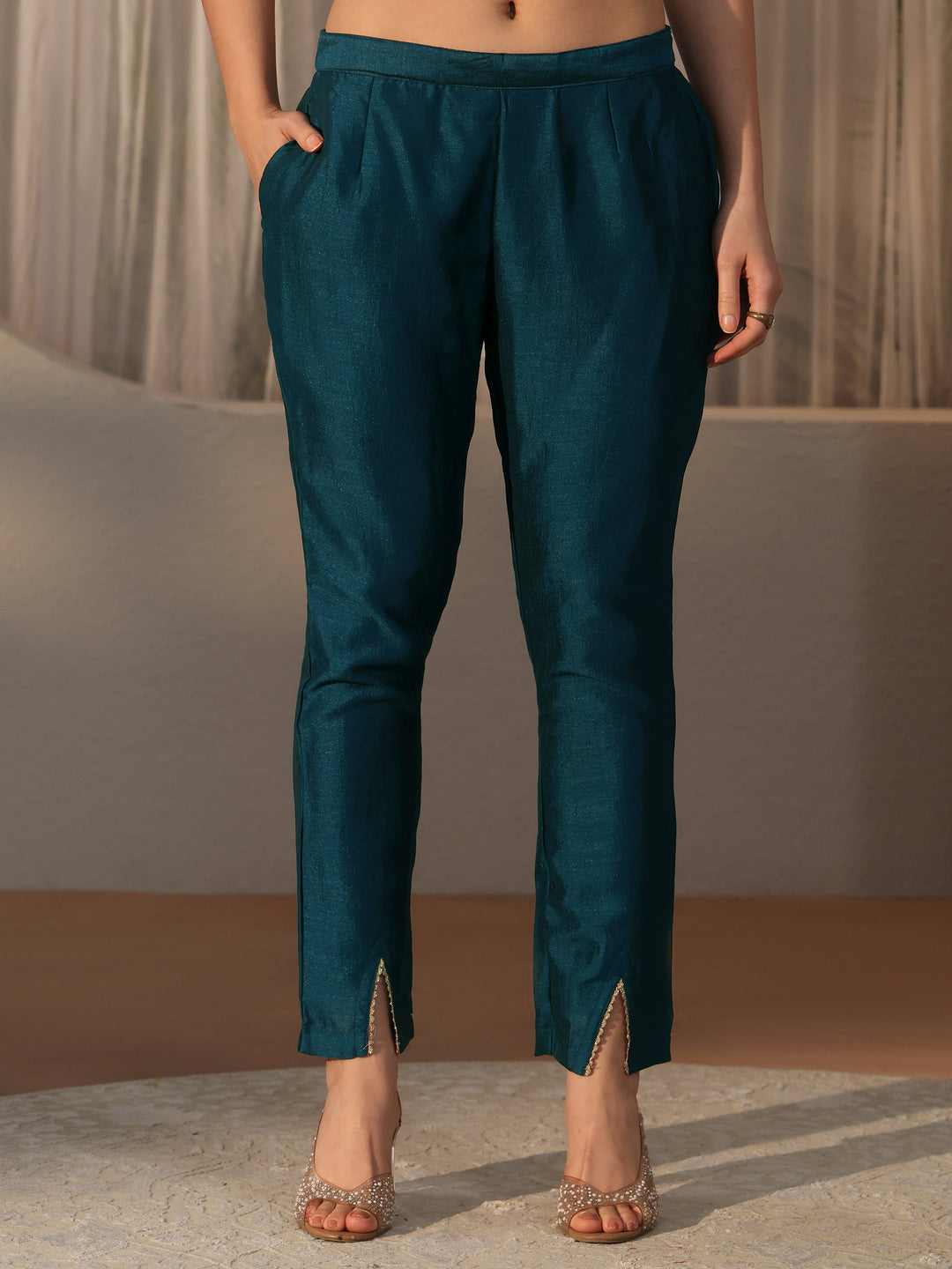  Libas Teal Blue Yoke Design Silk Blend Straight Suit Set 