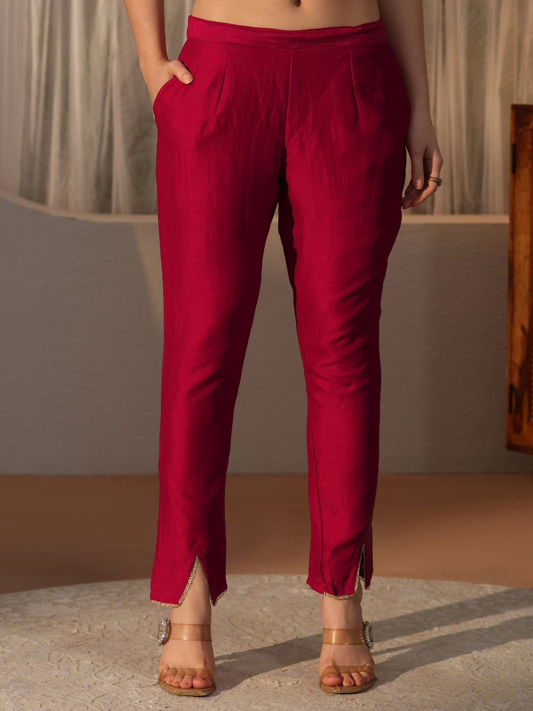  Libas Pink Yoke Design Silk Blend Straight Suit Set 