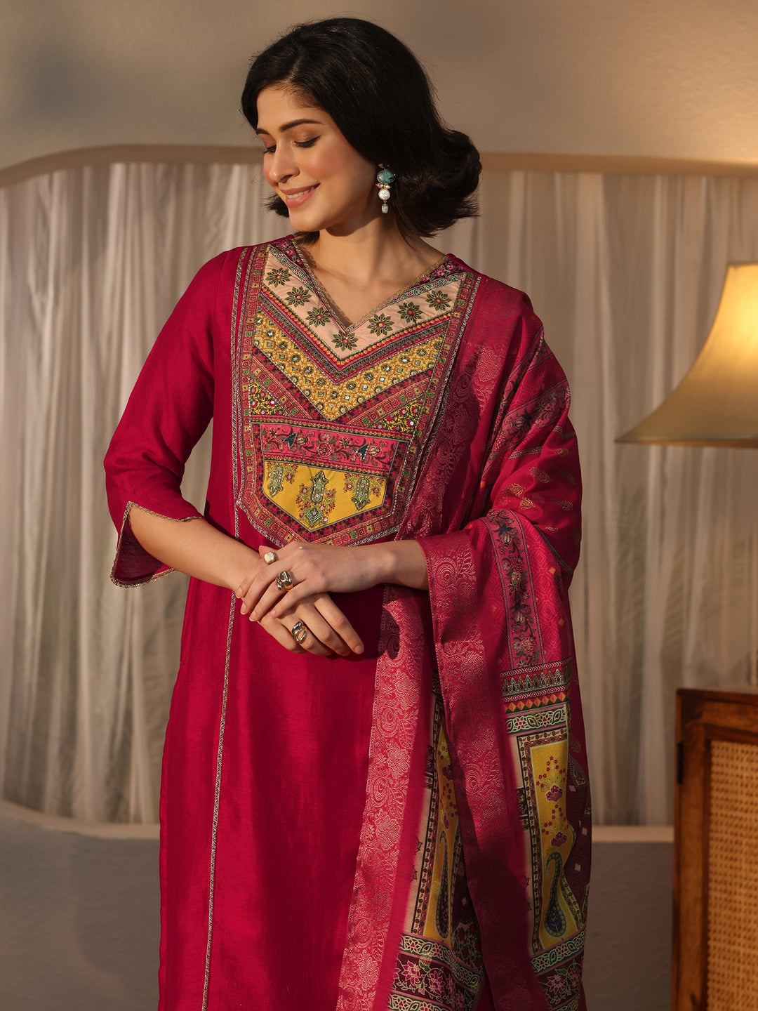  Libas Pink Yoke Design Silk Blend Straight Suit Set 