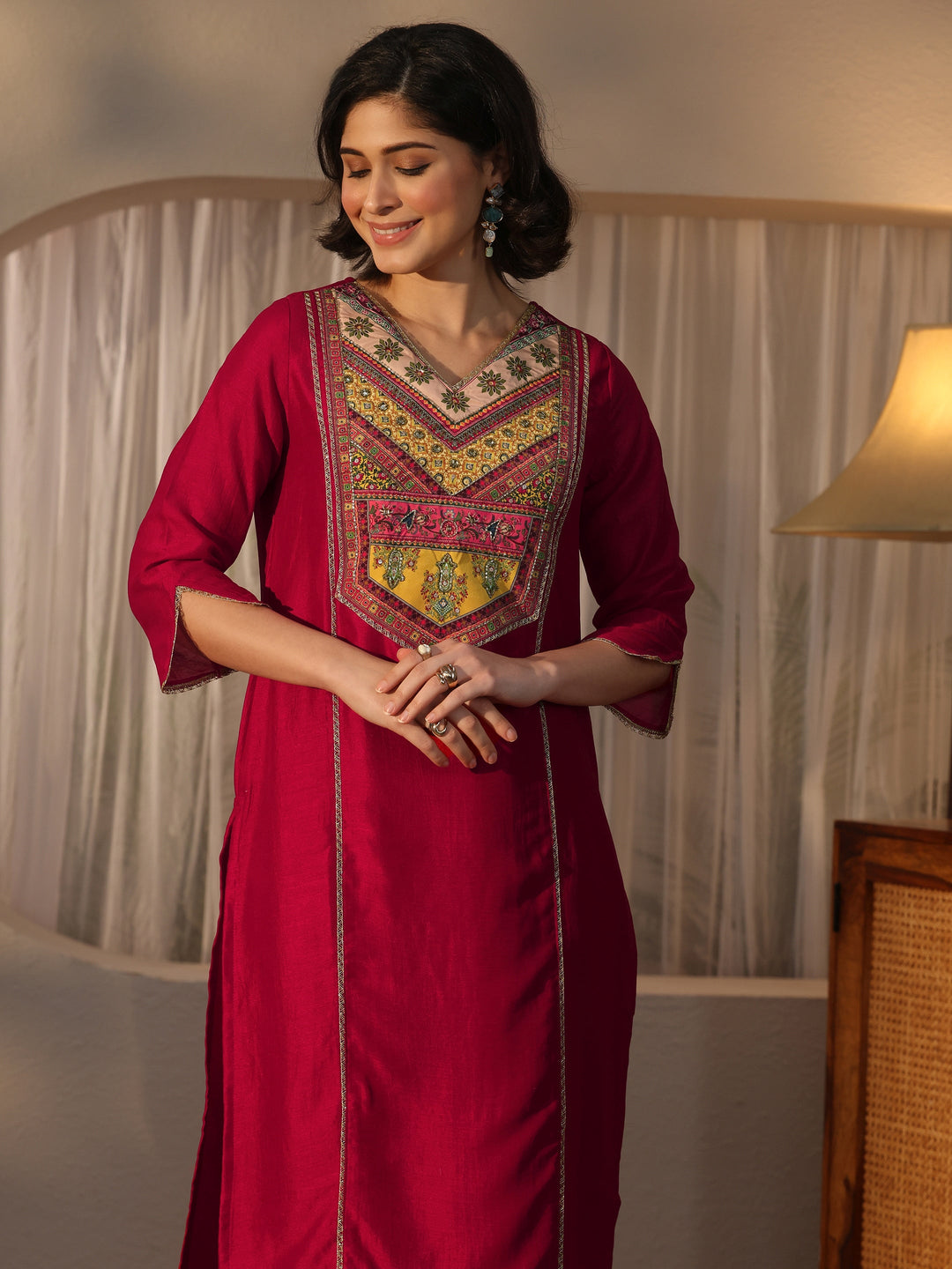  Libas Pink Yoke Design Silk Blend Straight Suit Set 