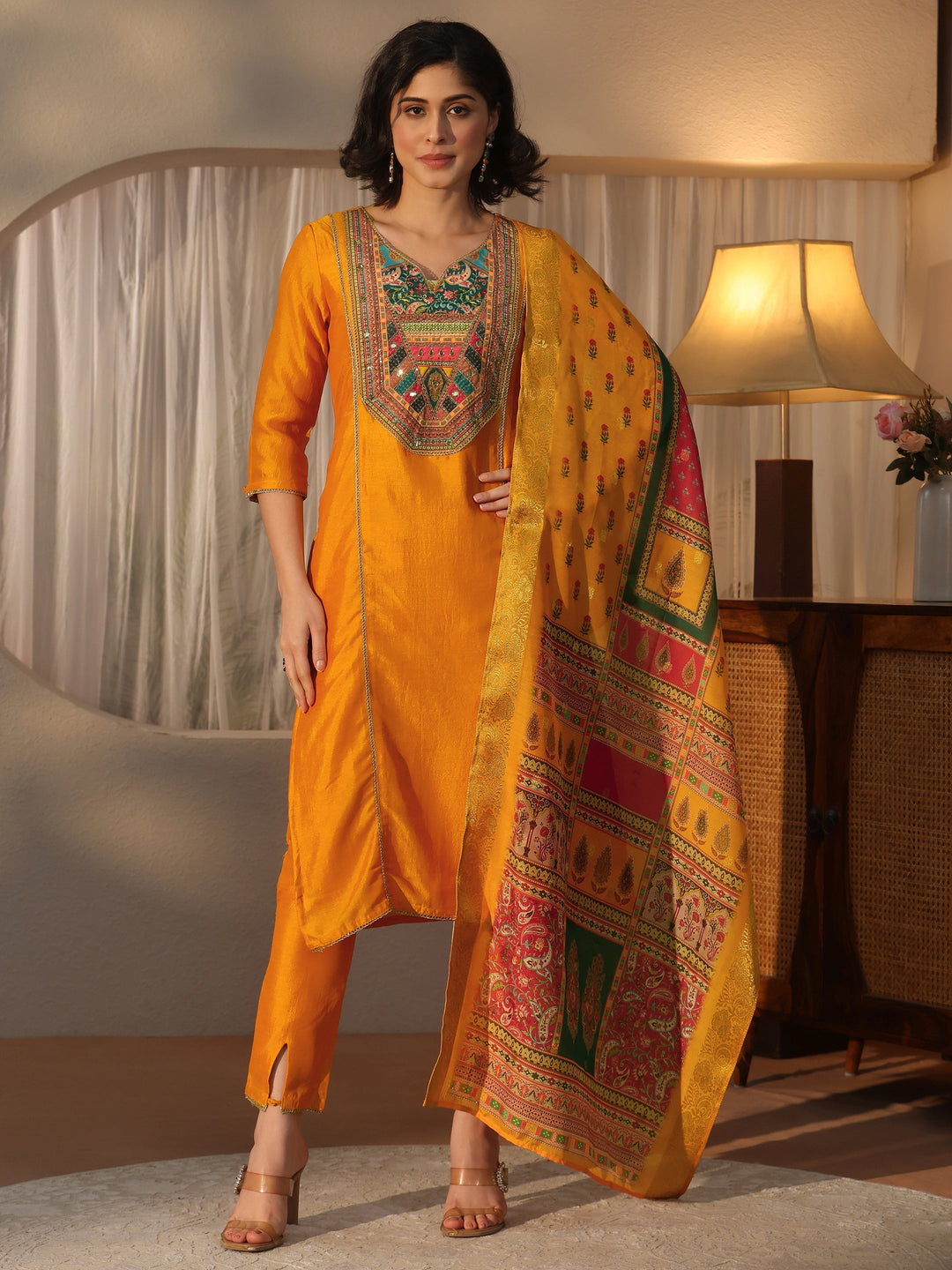  Libas Mustard Yoke Design Silk Blend Straight Suit Set 