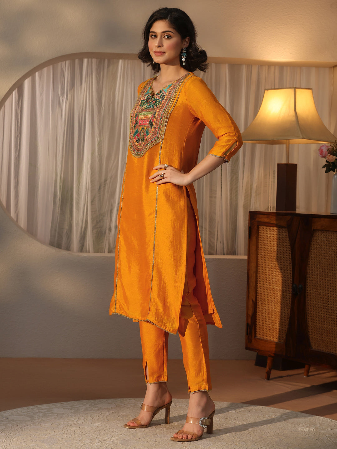 Libas Mustard Yoke Design Silk Blend Straight Suit Set 