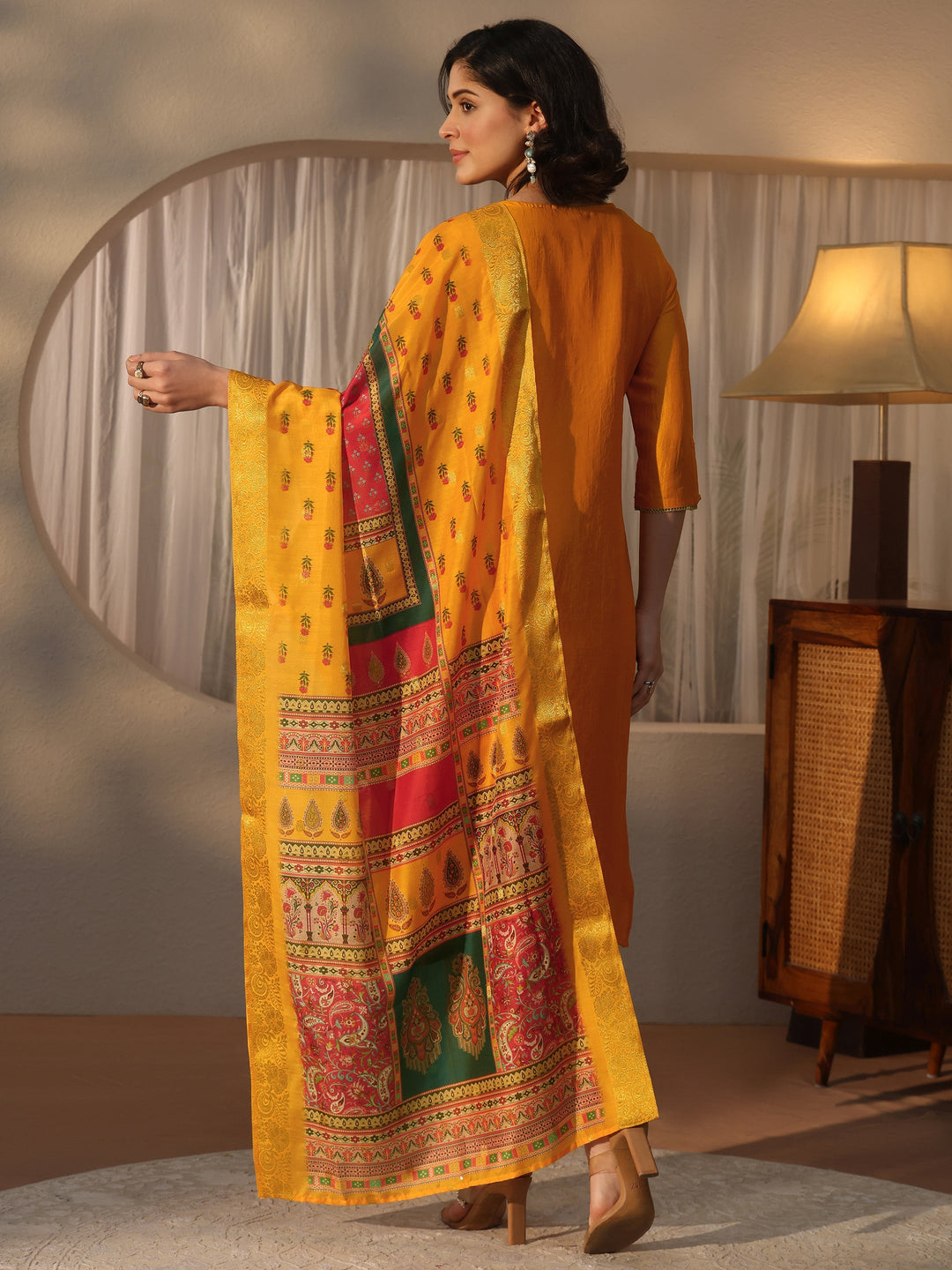  Libas Mustard Yoke Design Silk Blend Straight Suit Set 