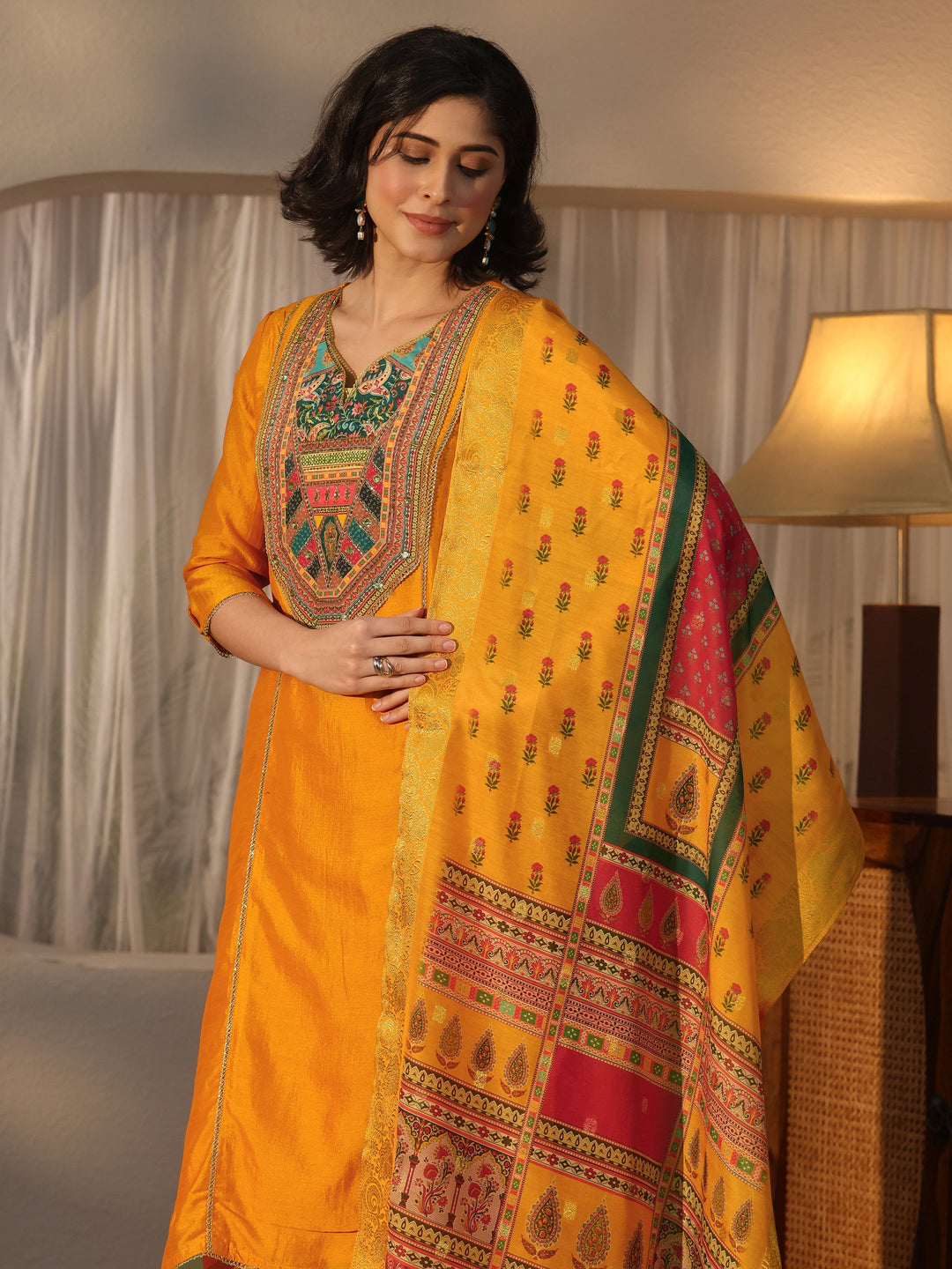  Libas Mustard Yoke Design Silk Blend Straight Suit Set 