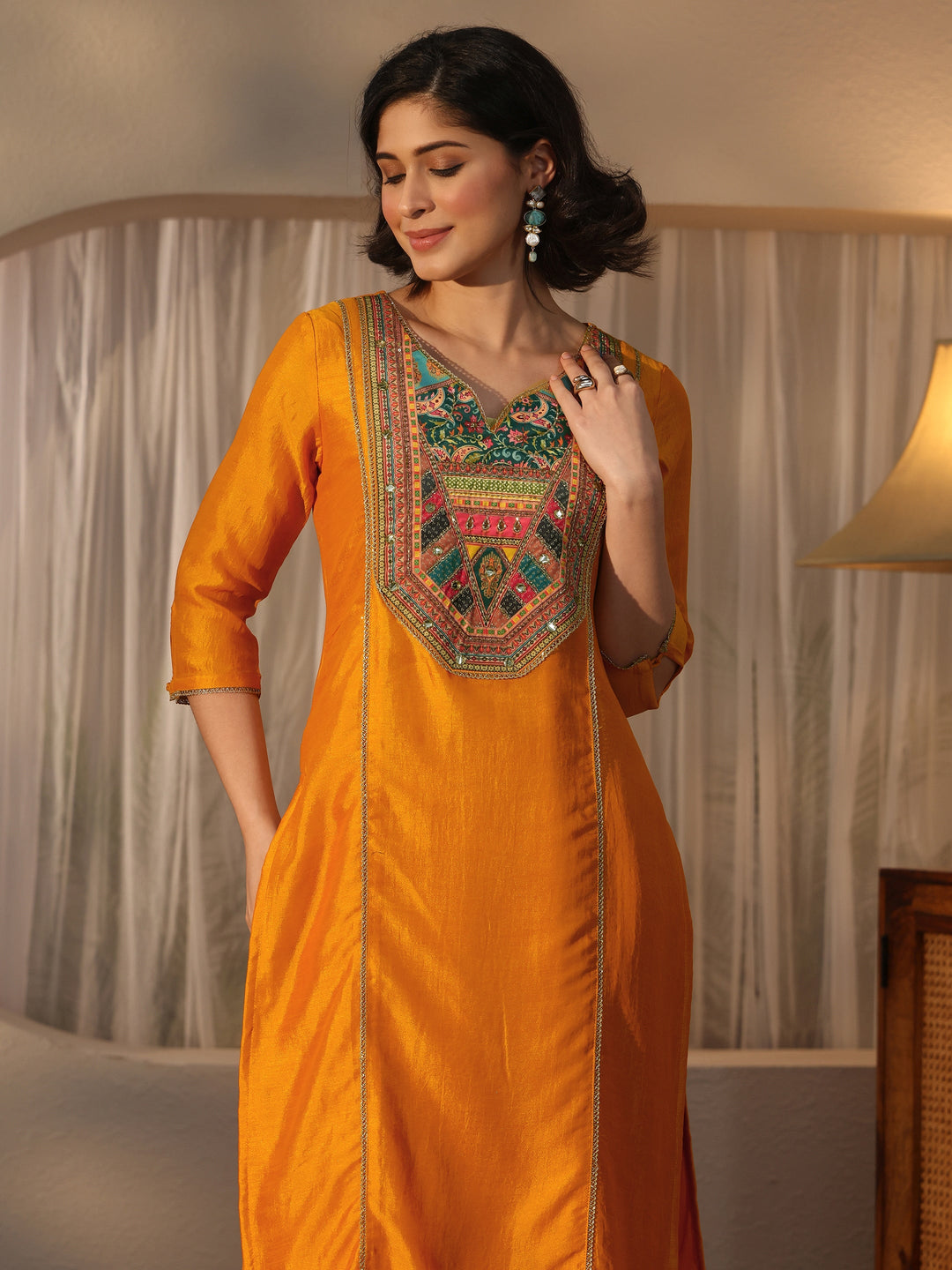  Libas Mustard Yoke Design Silk Blend Straight Suit Set 