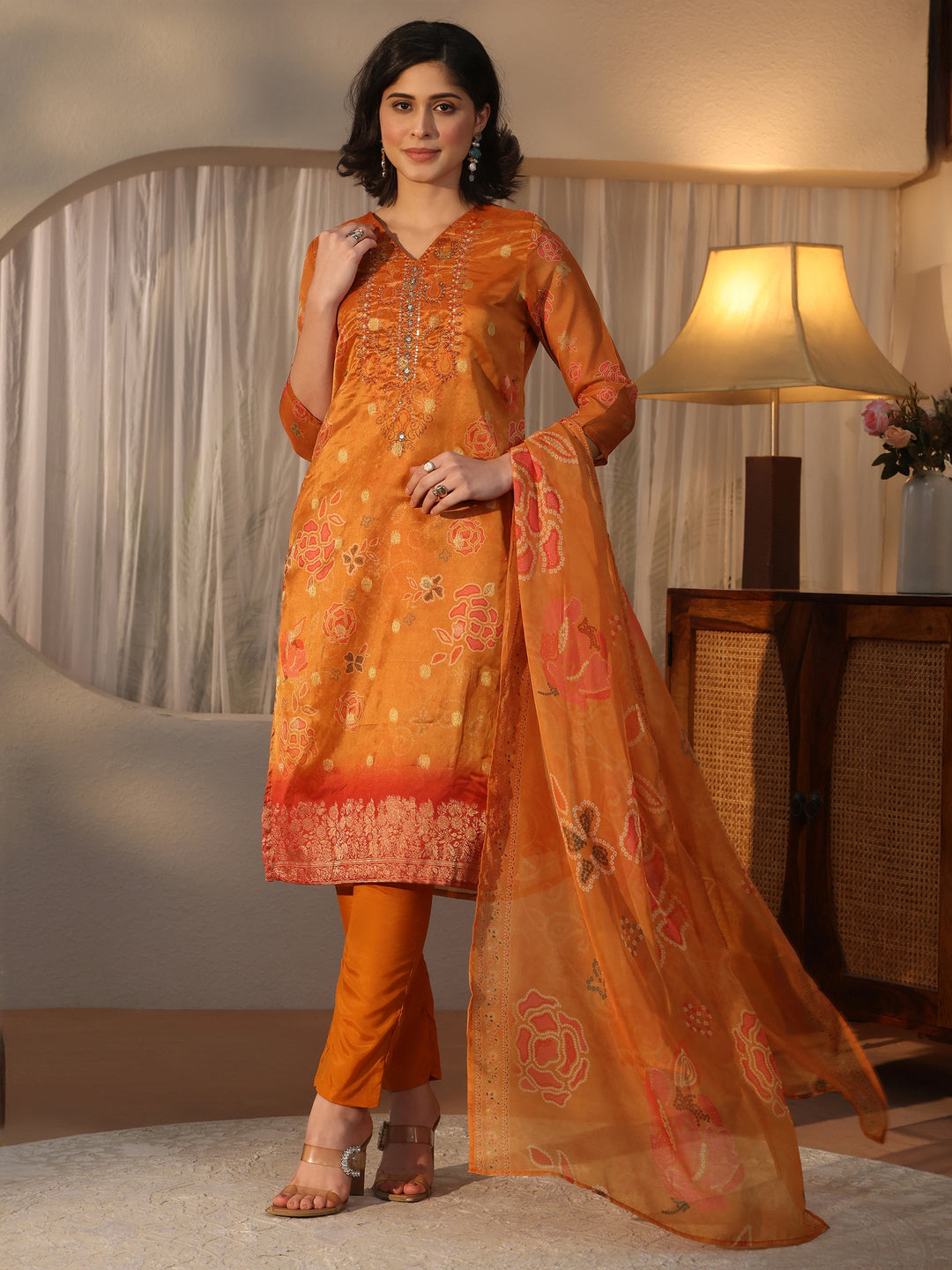  Libas Rust Orange Bandhani Printed Organza Straight Suit Set 