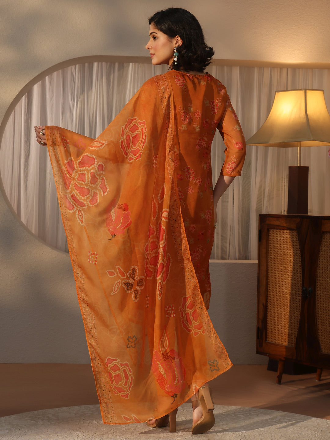  Libas Rust Orange Bandhani Printed Organza Straight Suit Set 